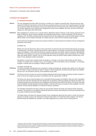 Notes to the consolidated ﬁnancial statements
(All amounts in e thousands unless otherwise stated)

3. Financial risk management

1

3.1 Financial risk factors
IFRS7p31

The risk management function within the Group is carried out in respect of ﬁnancial risks. Financial risks are risks
arising from ﬁnancial instruments to which the Group is exposed during or at the end of the reporting period. Financial
risk comprises market risk (including currency risk, interest rate risk and other price risk), credit risk and liquidity risk.
The primary objectives of the ﬁnancial risk management function are to establish risk limits, and then ensure that
exposure to risks stays within these limits.

IFRS7p34(a)

Risk management is carried out by a central treasury department (Group Treasury) under policies approved by the
Board of Directors. Group Treasury identiﬁes and evaluates ﬁnancial risks in close co-operation with the Group’s
operating units. The Board provides written principles for overall risk management, as well as written policies covering
speciﬁc areas, such as foreign exchange risk, interest rate risk, credit risk and investing excess liquidity.
Key ﬁnancial risk management reports are produced monthly on a Group level and provided to the key management
personnel of the Group.
(a) Market risk
Market risk is the risk that the fair value or future cash ﬂows of a ﬁnancial instrument will ﬂuctuate because of changes
in market prices. The Group’s market risks arise from open positions in (a) foreign currencies and (b) interest-bearing
assets and liabilities, to the extent that these are exposed to general and speciﬁc market movements. Management
sets limits on the exposure to currency and interest rate risk that may be accepted, which are monitored on a monthly
basis (see details below). However, the use of this approach does not prevent losses outside of these limits in the
event of more signiﬁcant market movements.
Sensitivities to market risks included below are based on a change in one factor while holding all other factors
constant. In practice, this is unlikely to occur, and changes in some of the factors may be correlated – for example,
changes in interest rate and changes in foreign currency rates.

IFRS7p33(a)

IFRS7p22

(i) Foreign exchange risk
The Group operates internationally and is exposed to foreign exchange risk, primarily with respect to the UK pound
and HK dollar. Foreign exchange risk arises in respect of those recognised monetary ﬁnancial assets and liabilities
that are not in the functional currency of the respective group entity.
The Group’s policy is to enter into currency hedging transactions with forward foreign exchange contracts; however, it
does not opt to use hedge accounting in accordance with the requirements of IAS 39.
The Group has various ﬁnancial assets such as derivative ﬁnancial assets and liabilities, trade and other receivables
and cash and short-term deposits that arise directly from its operations. Rental guarantees provided by the seller of an
investment property are accounted for as an available-for-sale ﬁnancial instrument of the Group. The Group’s principal
ﬁnancial liabilities, besides derivative ﬁnancial liabilities, comprise bank loans and trade and other payables. The main
purpose of these ﬁnancial liabilities is to ﬁnance the Group’s operations.
The derivative transactions the Group enters into are primarily interest rate swaps and forward foreign exchange
contracts. The purpose is to manage the interest rate risks and currency risks arising from the Group’s operations and
its sources of ﬁnance (economy hedges).
The tables below summarise the reports provided to key management personnel and used to monitor the Group’s
exposure to foreign currency risk arising from ﬁnancial instruments at 31 December before hedging. The Group’s
ﬁnancial assets and liabilities are included in the table categorised by currency at their carrying amount.

1
Disclosures required by IFRS 7, ‘Financial instruments: Disclosures’, include summary quantitative data about the entity’s risks arising from ﬁnancial
instruments, based on information provided internally to key management personnel of the entity. The disclosures illustrated are speciﬁc to the ﬁctional group
whose ﬁnancial statements are presented, and different disclosures may be appropriate for entities with different risk proﬁles and different methods of
managing risks arising from ﬁnancial instruments.

22

PwC – Illustrative IFRS consolidated ﬁnancial statements 2011 – Investment property

 