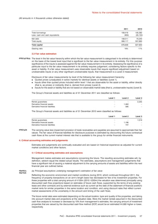 Notes to the consolidated ﬁnancial statements
(All amounts in e thousands unless otherwise stated)

2011

2010

Total borrowings
Less: cash and cash equivalents

109,416
(905)

105,392
(35,152)

Net debt
Total equity

108,511
568,117

70,240
557,660

Total capital

676,628

627,900

Gearing ratio

16%

11%

3.3 Fair value estimation
IFRS7p27B(a)

The level in the fair value hierarchy within which the fair value measurement is categorised in its entirety is determined
on the basis of the lowest level input that is signiﬁcant to the fair value measurement in its entirety. For this purpose
signiﬁcance of the inputs is assessed against the fair value measurement in its entirety. Assessing the signiﬁcance of a
particular input to the fair value measurement in its entirety requires judgement, considering factors speciﬁc to the
asset or liability. If a fair value measurement uses observable inputs that require signiﬁcant adjustment based on
unobservable inputs or any other signiﬁcant unobservable inputs, that measurement is a Level 3 measurement.
Disclosure of fair value measurements by level of the following fair value measurement hierarchy:
. Quoted prices (unadjusted) in active markets for identical assets or liabilities (Level 1).
. Inputs other than quoted prices included within level 1 that are observable for the asset or liability, either directly
(that is, as prices) or indirectly (that is, derived from prices) (Level 2).
. Inputs for the asset or liability that are not based on observable market data (that is, unobservable inputs) (Level 3).
The Group’s ﬁnancial assets and liabilities as of 31 December 2011 are classiﬁed as follows:
Level 1

Level 3

–
–
–

–
1,464
595

2,345
–
–

Level 1

Level 2

Level 3

–
–
–

Rental guarantees
Derivative ﬁnancial assets
Derivative ﬁnancial liabilities

Level 2

–
1,196
747

1,519
–
–

The Group’s ﬁnancial assets and liabilities as of 31 December 2010 were classiﬁed as follows:

Rental guarantees
Derivative ﬁnancial assets
Derivative ﬁnancial liabilities
IFRS7p29

The carrying value less impairment provision of trade receivables and payables are assumed to approximate their fair
values. The fair value of ﬁnancial liabilities for disclosure purposes is estimated by discounting the future contractual
cash ﬂows at the current market interest rate that is available to the group for similar ﬁnancial instruments.

4. Critical accounting estimates and judgements
Estimates and judgements are continually evaluated and are based on historical experience as adjusted for current
market conditions and other factors.
4.1 Critical accounting estimates and assumptions
Management makes estimates and assumptions concerning the future. The resulting accounting estimates will, by
deﬁnition, seldom equal the related actual results. The estimates, assumptions and management judgements that
have a signiﬁcant risk of causing a material adjustment to the carrying amounts of assets and liabilities within the next
ﬁnancial year are outlined below.
40p46(c),
40p75(d)

(a) Principal assumptions underlying management’s estimation of fair value
Reﬂecting the economic environment and market conditions during 2010, which continued throughout 2011, the
frequency of property transactions on an arm’s length basis has decreased for few of its investment properties. For
these properties with a total carrying amount of e150m (2010: e250m) the valuation was determined principally using
discounted cash ﬂow projections based on estimates of future cash ﬂows, supported by the terms of any existing
lease and other contracts and by external evidence such as current (at the date of the statement of ﬁnancial position)
market rents for similar properties in the same location and condition, and using discount rates that reﬂect current
market assessments of the uncertainty in the amount and timing of the cash ﬂows.
The future rental rates were estimated depending on the actual location, type and quality of the properties, and taking
into account market data and projections at the valuation date. Were the market rentals assumed in the discounted
cash ﬂow analysis to increase or decrease by 10% from management’s estimates, the carrying amount of investment
properties that are valued by the discounted cash ﬂow method (DCF) would be an estimated e4,580 higher or lower,
respectively.

PwC – Illustrative IFRS consolidated ﬁnancial statements 2011 – Investment property

27

 