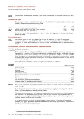 Notes to the consolidated ﬁnancial statements
(All amounts in e thousands unless otherwise stated)

21p52(a)
23p6 (e)

The total foreign exchange losses recognised in proﬁt or loss during the year 2011 amounted to e490 (2010: e410).

23. Earnings per share
Basic earnings per share are calculated by dividing the net proﬁt attributable to shareholders by the weighted average
number of ordinary shares outstanding during the year.
2011
33p70(a)
33p70(b)
33p66

Net proﬁt attributable to shareholders (Note 2.1)
Weighted average number of ordinary shares in issue (thousands)
Basic earnings per share (e per share) (Note 2.1)

2010

18,179
40,000
0.45

17,198
40,000
0.43

The Company has no dilutive potential ordinary shares; the diluted earnings per share are the same as the basic
earnings per share.
24. Dividends per share
1p107,
1p137(a)

The dividends paid in 2011 and 2010 were e14,643 (or e0.37 per share) and e11,379 (or e0.28 per share)
respectively. A dividend in respect of 2011 of e0.31 per share, amounting to a total dividend of e12,400, is to be
proposed at the Annual General Meeting on 31 March 2012. These ﬁnancial statements do not reﬂect this dividend
payable.

25. Acquisitions of subsidiaries (business combinations and asset acquisitions)
IFRS3R59(a)
IFRS3B64(a-c)

(a) Business combinations
On 10 September 2011, the Group acquired 100% of the share capital of GHI GmbH, a company incorporated in
Germany, which is engaged in the construction of a residential complex in Munich, Germany. The acquired subsidiary
will not generate revenue until the completion of the development. The subsidiary contributed a loss of e1,843 to the
Group for the period from the date of acquisition to 31 December 2011. If the acquisition had occurred on 1 January
2011 with all other variables held constant, group revenue for 2011 would have been unchanged, and proﬁt for 2011
would have been e16,934.
Details of the assets and liabilities acquired and negative goodwill arising are as follows1:

IFRS3p59(a)
IFRS3B64(i-j)

Attributed fair value
Investment property
Cash and cash equivalents
Borrowings
Deferred tax liability
Trade and other payables

17,570
4,527
(8,765)
(946)
(1,864)

Fair value of acquired interest in net assets of subsidiary
Goodwill

10,522
90

Total purchase consideration
Less: cash and cash equivalents of subsidiary acquired

10,612
(4,527)

Net outﬂow of cash and cash equivalents on acquisition

IFRS3p61

6,085

The purchase consideration disclosed above comprises cash and cash equivalents paid to the acquiree’s previous
owner of e9,729.
Goodwill is primarily attributable to enhanced returns expected from operating the investment property under the
Group’s brand and the signiﬁcant synergies expected to arise.
The valuation of investment property at the acquisition date was performed by an independent professional appraiser
with experience of the relevant market. The fair value of cash and cash equivalents was considered to equal the
carrying value representing the entity’s bank deposits; fair value of borrowings and trade and other payables was
calculated based on discounted cash ﬂow models.
At the date of acquisition, GHI GmbH was actively engaged in the construction and development process and
marketing of the project. Management determined that the acquired entity should be accounted for as a business in
accordance with IFRS 3, ‘Business combinations’.

1

38

In this example, assume that no intangible assets were identiﬁed.

PwC – Illustrative IFRS consolidated ﬁnancial statements 2011 – Investment property

 