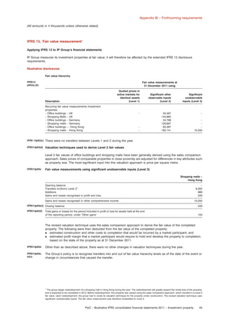 Appendix III – Forthcoming requirements
(All amounts in e thousands unless otherwise stated)

IFRS 13, ‘Fair value measurement’
Applying IFRS 13 to IP Group’s ﬁnancial statements
IP Group measures its investment properties at fair value; it will therefore be affected by the extended IFRS 13 disclosure
requirements.
Illustrative disclosures
Fair value hierarchy
IFRS13
p93(a),(b)

Fair value measurements at
31 December 2011 using
Quoted prices in
active markets for
identical assets
(Level 1)

Description
Recurring fair value measurements Investment
properties:
– Ofﬁce buildings – UK
– Shopping Malls – UK
– Ofﬁce buildings – Germany
– Shopping malls – Germany
– Ofﬁce buildings — Hong Kong
– Shopping malls – Hong Kong

IFRS 13p93(c)

Signiﬁcant
unobservable
inputs (Level 3)

55,467
144,865
54,798
126,667
62,397
162,141

–

–

–
–

–
–
–
10,520

There were no transfers between Levels 1 and 2 during the year.

IFRS13p93(d)

Signiﬁcant other
observable inputs
(Level 2)

Valuation techniques used to derive Level 2 fair values
Level 2 fair values of ofﬁce buildings and shopping malls have been generally derived using the sales comparison
approach. Sales prices of comparable properties in close proximity are adjusted for differences in key attributes such
as property size. The most signiﬁcant input into this valuation approach is price per square metre.

IFRS13p93e

Fair value measurements using signiﬁcant unobservable inputs (Level 3)
Shopping malls –
Hong Kong
Opening balance
Transfers to/(from) Level 31
Additions
Gains and losses recognised in proﬁt and loss
Gains and losses recognised in other comprehensive income

IFRS13p93e(i) Closing balance
IFRS13p93(f)

–
9,302
989
229
10,250
229

Total gains or losses for the period included in proﬁt or loss for assets held at the end
of the reporting period, under ’Other gains’

103

The revised valuation technique uses the sales comparison approach to derive the fair value of the completed
property. The following were then deducted from the fair value of the completed property:
. estimated construction and other costs to completion that would be incurred by a market participant; and
. estimated proﬁt margin that a market participant would require to hold and develop the property to completion,
based on the state of the property as at 31 December 2011.
IFRS13p93d

Other than as described above, there were no other changes in valuation techniques during the year.

IFRS13p93c,
e(iv)

The Group’s policy is to recognise transfers into and out of fair value hierarchy levels as of the date of the event or
change in circumstances that caused the transfer.

1

The group began redevelopment of a shopping mall in Hong Kong during the year. The redevelopment will greatly expand the rental area of the property,
and is expected to be completed in 2012. Before redevelopment, this property was valued using the sales comparison approach, which resulted in a Level 2
fair value. Upon redevelopment, the group had to revise its valuation technique for the property under construction. The revised valuation technique uses
signiﬁcant unobservable inputs. The fair value measurement was therefore reclassiﬁed to Level 3.

PwC – Illustrative IFRS consolidated ﬁnancial statements 2011 – Investment property

45

 
