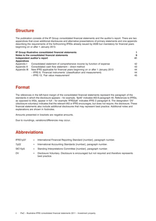 Structure
The publication consists of the IP Group consolidated ﬁnancial statements and the auditor’s report. There are two
appendices that cover additional disclosures and alternative presentations of primary statements and one appendix
describing the requirements of the forthcoming IFRSs already issued by IASB but mandatory for ﬁnancial years
beginning on or after 1 January 2013.
IP Group illustrative consolidated ﬁnancial statements
Notes to the consolidated ﬁnancial statements
Independent auditor’s report
Appendices
Appendix I
Consolidated statement of comprehensive income by function of expense
Appendix II
Consolidated cash ﬂow statement – direct method
Appendix III New IFRS applicable for ﬁnancial years beginning on or after 1 January 2013
– IFRS 9, ‘Financial instruments’ (classiﬁcation and measurement)
– IFRS 13, ‘Fair value measurement’

1
9
41
42
43
44
44
45

Format
The references in the left-hand margin of the consolidated ﬁnancial statements represent the paragraph of the
standards in which the disclosure appears – for example, ‘8p40’ indicates IAS 8 paragraph 40. References to IFRSs,
as opposed to IASs, appear in full – for example ‘IFRS2p6’ indicates IFRS 2 paragraph 6. The designation ‘DV’
(disclosure voluntary) indicates that the relevant IAS or IFRS encourages, but does not require, the disclosure. These
ﬁnancial statements also include additional disclosures that may represent best practice. Additional notes and
explanations are shown in footnotes.
Amounts presented in brackets are negative amounts.
Due to roundings, variations/differences may occur.

Abbreviations
IFRS1p37

=

International Financial Reporting Standard [number], paragraph number.

7p22

=

International Accounting Standards [number], paragraph number.

SIC15p5

=

Standing Interpretations Committee [number], paragraph number.

DV

=

Disclosure Voluntary. Disclosure is encouraged but not required and therefore represents
best practice.

ii

PwC – Illustrative IFRS consolidated ﬁnancial statements 2011 – Investment property

 