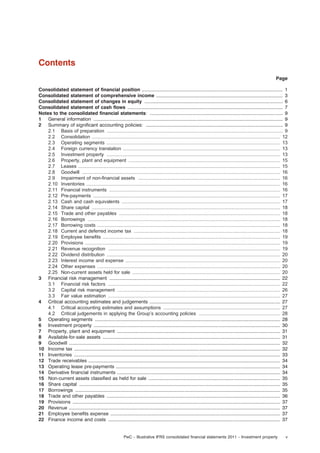 Contents
Page
Consolidated statement of ﬁnancial position ............................................................................................................ 1
Consolidated statement of comprehensive income ................................................................................................. 3
Consolidated statement of changes in equity .......................................................................................................... 6
Consolidated statement of cash ﬂows ....................................................................................................................... 7
Notes to the consolidated ﬁnancial statements: ...................................................................................................... 9
1 General information ................................................................................................................................................. 9
2 Summary of signiﬁcant accounting policies: ......................................................................................................... 9
2.1 Basis of preparation .................................................................................................................................. 9
2.2 Consolidation ........................................................................................................................................... 12
2.3 Operating segments ................................................................................................................................ 13
2.4 Foreign currency translation .................................................................................................................... 13
2.5 Investment property ................................................................................................................................ 13
2.6 Property, plant and equipment ................................................................................................................ 15
2.7 Leases ..................................................................................................................................................... 15
2.8 Goodwill .................................................................................................................................................. 16
2.9 Impairment of non-ﬁnancial assets ......................................................................................................... 16
2.10 Inventories ............................................................................................................................................... 16
2.11 Financial instruments .............................................................................................................................. 16
2.12 Pre-payments .......................................................................................................................................... 17
2.13 Cash and cash equivalents ..................................................................................................................... 17
2.14 Share capital ........................................................................................................................................... 18
2.15 Trade and other payables ....................................................................................................................... 18
2.16 Borrowings .............................................................................................................................................. 18
2.17 Borrowing costs ....................................................................................................................................... 18
2.18 Current and deferred income tax ............................................................................................................ 18
2.19 Employee beneﬁts ................................................................................................................................... 19
2.20 Provisions ................................................................................................................................................ 19
2.21 Revenue recognition ............................................................................................................................... 19
2.22 Dividend distribution ................................................................................................................................ 20
2.23 Interest income and expense .................................................................................................................. 20
2.24 Other expenses ....................................................................................................................................... 20
2.25 Non-current assets held for sale ............................................................................................................. 20
3 Financial risk management ................................................................................................................................... 22
3.1 Financial risk factors ............................................................................................................................... 22
3.2 Capital risk management ........................................................................................................................ 26
3.3 Fair value estimation ............................................................................................................................... 27
4 Critical accounting estimates and judgements .................................................................................................... 27
4.1 Critical accounting estimates and assumptions ...................................................................................... 27
4.2 Critical judgements in applying the Group’s accounting policies ............................................................ 28
5 Operating segments .............................................................................................................................................. 28
6 Investment property ............................................................................................................................................... 30
7 Property, plant and equipment ............................................................................................................................. 31
8 Available-for-sale assets ........................................................................................................................................ 31
9 Goodwill .................................................................................................................................................................. 32
10 Income tax .............................................................................................................................................................. 32
11 Inventories .............................................................................................................................................................. 33
12 Trade receivables ................................................................................................................................................... 34
13 Operating lease pre-payments .............................................................................................................................. 34
14 Derivative ﬁnancial instruments ............................................................................................................................. 34
15 Non-current assets classiﬁed as held for sale ..................................................................................................... 35
16 Share capital .......................................................................................................................................................... 35
17 Borrowings ............................................................................................................................................................. 35
18 Trade and other payables ..................................................................................................................................... 36
19 Provisions ............................................................................................................................................................... 37
20 Revenue .................................................................................................................................................................. 37
21 Employee beneﬁts expense .................................................................................................................................. 37
22 Finance income and costs .................................................................................................................................... 37

PwC – Illustrative IFRS consolidated ﬁnancial statements 2011 – Investment property

v

 