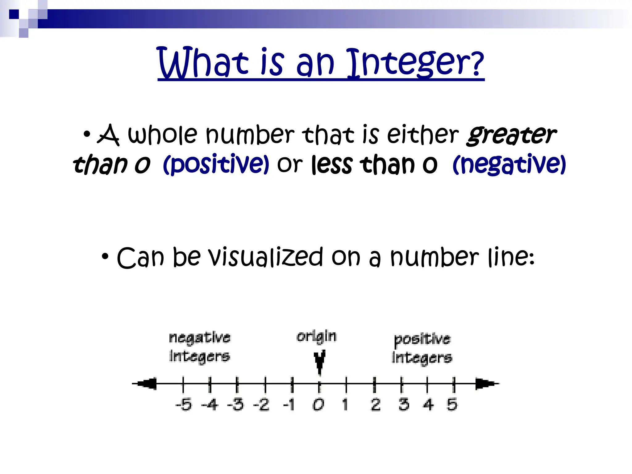What is an Integer?
• A whole number that is either greater
than 0 (positive) or less than 0 (negative)
• Can be visualized on a number line:
 