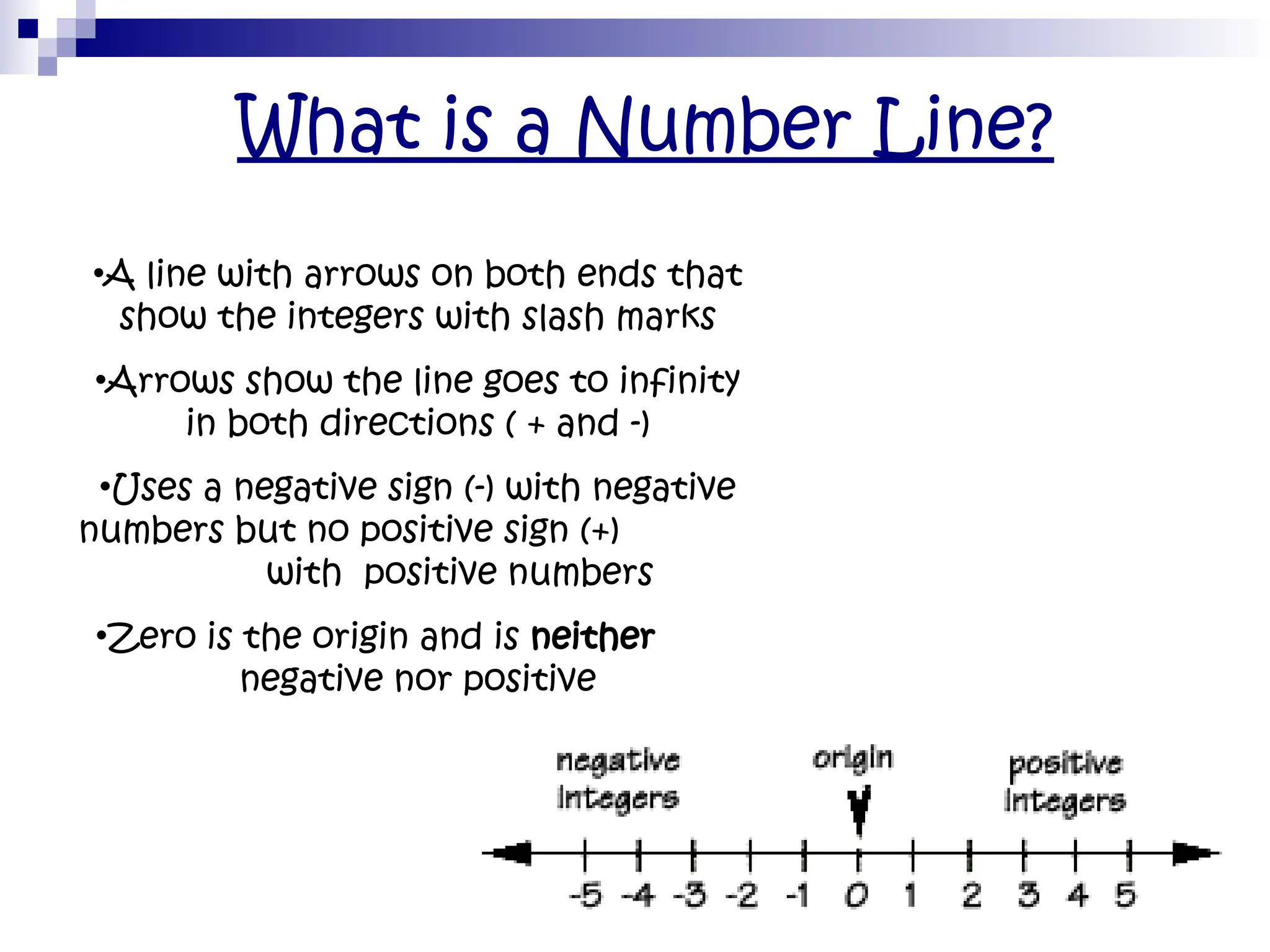 What is a Number Line?
•A line with arrows on both ends that
show the integers with slash marks
•Arrows show the line goes to infinity
in both directions ( + and -)
•Uses a negative sign (-) with negative
numbers but no positive sign (+)
with positive numbers
•Zero is the origin and is neither
negative nor positive
 