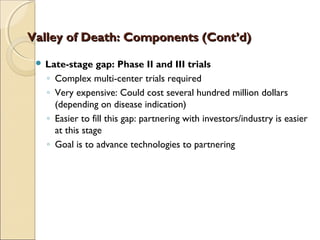 Valley of Death: Components (Cont’d)Valley of Death: Components (Cont’d)
 Late-stage gap: Phase II and III trials
◦ Complex multi-center trials required
◦ Very expensive: Could cost several hundred million dollars
(depending on disease indication)
◦ Easier to fill this gap: partnering with investors/industry is easier
at this stage
◦ Goal is to advance technologies to partnering
 
