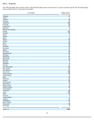 Item 2. Properties.
The following tables show locations of the 1,950 The Home Depot stores located in the U.S. and its territories and the 243 The Home Depot
stores outside of the U.S. at the end of fiscal 2007:
10
U.S. Locations Number of Stores
Alabama 27
Alaska 7
Arizona 55
Arkansas 14
California 223
Colorado 45
Connecticut 27
Delaware 8
District of Columbia 1
Florida 152
Georgia 87
Guam 1
Hawaii 7
Idaho 11
Illinois 74
Indiana 26
Iowa 10
Kansas 16
Kentucky 15
Louisiana 27
Maine 11
Maryland 40
Massachusetts 43
Michigan 71
Minnesota 34
Mississippi 14
Missouri 33
Montana 6
Nebraska 8
Nevada 17
New Hampshire 20
New Jersey 67
New Mexico 13
New York 100
North Carolina 42
North Dakota 2
Ohio 72
Oklahoma 16
Oregon 25
Pennsylvania 69
Puerto Rico 8
Rhode Island 8
South Carolina 25
South Dakota 1
Tennessee 38
Texas 176
Utah 22
Vermont 4
Virgin Islands 1
Virginia 47
Washington 43
West Virginia 6
Wisconsin 30
Wyoming 5
Total U.S. 1,950
 
