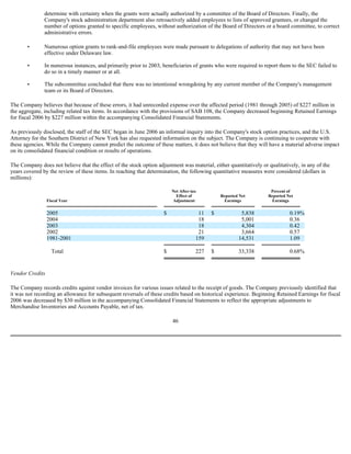 determine with certainty when the grants were actually authorized by a committee of the Board of Directors. Finally, the
Company's stock administration department also retroactively added employees to lists of approved grantees, or changed the
number of options granted to specific employees, without authorization of the Board of Directors or a board committee, to correct
administrative errors.
• Numerous option grants to rank-and-file employees were made pursuant to delegations of authority that may not have been
effective under Delaware law.
• In numerous instances, and primarily prior to 2003, beneficiaries of grants who were required to report them to the SEC failed to
do so in a timely manner or at all.
• The subcommittee concluded that there was no intentional wrongdoing by any current member of the Company's management
team or its Board of Directors.
The Company believes that because of these errors, it had unrecorded expense over the affected period (1981 through 2005) of $227 million in
the aggregate, including related tax items. In accordance with the provisions of SAB 108, the Company decreased beginning Retained Earnings
for fiscal 2006 by $227 million within the accompanying Consolidated Financial Statements.
As previously disclosed, the staff of the SEC began in June 2006 an informal inquiry into the Company's stock option practices, and the U.S.
Attorney for the Southern District of New York has also requested information on the subject. The Company is continuing to cooperate with
these agencies. While the Company cannot predict the outcome of these matters, it does not believe that they will have a material adverse impact
on its consolidated financial condition or results of operations.
The Company does not believe that the effect of the stock option adjustment was material, either quantitatively or qualitatively, in any of the
years covered by the review of these items. In reaching that determination, the following quantitative measures were considered (dollars in
millions):
Vendor Credits
The Company records credits against vendor invoices for various issues related to the receipt of goods. The Company previously identified that
it was not recording an allowance for subsequent reversals of these credits based on historical experience. Beginning Retained Earnings for fiscal
2006 was decreased by $30 million in the accompanying Consolidated Financial Statements to reflect the appropriate adjustments to
Merchandise Inventories and Accounts Payable, net of tax.
46
Fiscal Year
Net After-tax
Effect of
Adjustment
Reported Net
Earnings
Percent of
Reported Net
Earnings
2005 $ 11 $ 5,838 0.19%
2004 18 5,001 0.36
2003 18 4,304 0.42
2002 21 3,664 0.57
1981-2001 159 14,531 1.09
Total $ 227 $ 33,338 0.68%
 