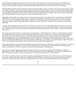 rate fluctuations in anticipation of the issuance of the 5.875% Senior Notes due December 16, 2036. Upon issuance of the hedged debt in
December 2006, the Company settled its forward starting interest rate swap agreements and recorded an $11 million decrease, net of income
taxes, to Accumulated Other Comprehensive Income, which will be amortized to interest expense over the life of the related debt.
In March 2006, the Company issued $1.0 billion of 5.20% Senior Notes due March 1, 2011 at a discount of $1 million and $3.0 billion of 5.40%
Senior Notes due March 1, 2016 at a discount of $15 million, together the "March 2006 Issuance." The net proceeds of the March 2006 Issuance
were used to pay for the acquisition price of Hughes Supply, Inc. and for the repayment of the Company's 5.375% Senior Notes due April 2006
in the aggregate principal amount of $500 million. The $16 million discount and $19 million of issuance costs associated with the March 2006
Issuance are being amortized to interest expense over the term of the related Senior Notes.
Additionally in March 2006, the Company entered into a forward starting interest rate swap agreement with a notional amount of $2.0 billion,
accounted for as a cash flow hedge, to hedge interest rate fluctuations in anticipation of the issuance of the 5.40% Senior Notes due March 1,
2016. Upon issuance of the hedged debt, the Company settled its forward starting interest rate swap agreements and recorded a $12 million
decrease, net of income taxes, to Accumulated Other Comprehensive Income, which will be amortized to interest expense over the life of the
related debt.
In August 2005, the Company issued $1.0 billion of 4.625% Notes due August 15, 2010 ("August 2005 Issuance") at a discount of $5 million.
The net proceeds of $995 million were used to pay for a portion of the acquisition price of National Waterworks, Inc. The $5 million discount
and $7 million of issuance costs associated with the August 2005 Issuance are being amortized to interest expense over the term of the related
Senior Notes.
The Company also had $1.0 billion of 3.75% Senior Notes due September 15, 2009 outstanding as of February 3, 2008, collectively referred to
with the December 2006 Issuance, March 2006 Issuance and August 2005 Issuance as "Senior Notes." The Senior Notes may be redeemed by
the Company at any time, in whole or in part, at a redemption price plus accrued interest up to the redemption date. The redemption price is
equal to the greater of (1) 100% of the principal amount of the Senior Notes to be redeemed, or (2) the sum of the present values of the
remaining scheduled payments of principal and interest to maturity. Additionally, if a Change in Control Triggering Event occurs, as defined by
the terms of the December 2006 Issuance, holders of the December 2006 Issuance have the right to require the Company to redeem those notes
at 101% of the aggregate principal amount of the notes plus accrued interest up to the redemption date.
The Company is generally not limited under the indenture governing the Senior Notes in its ability to incur additional indebtedness or required to
maintain financial ratios or specified levels of net worth or liquidity. However, the indenture governing the Senior Notes contains various
restrictive covenants, none of which is expected to impact the Company's liquidity or capital resources.
Interest Expense in the accompanying Consolidated Statements of Earnings is net of interest capitalized of $46 million, $47 million and
$51 million in fiscal 2007, 2006 and 2005, respectively. Maturities of Long-Term Debt are $300 million for fiscal 2008, $1.8 billion for fiscal
2009, $1.0 billion for fiscal 2010, $1.0 billion for fiscal 2011, $23 million for fiscal 2012 and $7.5 billion thereafter.
As of February 3, 2008, the market value of the Senior Notes was approximately $10.5 billion. The estimated fair value of all other long-term
borrowings, excluding capital lease obligations, was approximately $307 million compared to the carrying value of $302 million. These fair
values were estimated using a discounted cash flow analysis based on the Company's incremental borrowing rate for similar liabilities.
49
 