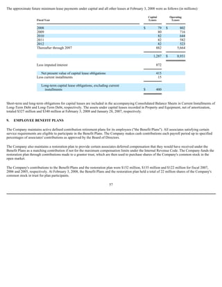 The approximate future minimum lease payments under capital and all other leases at February 3, 2008 were as follows (in millions):
Short-term and long-term obligations for capital leases are included in the accompanying Consolidated Balance Sheets in Current Installments of
Long-Term Debt and Long-Term Debt, respectively. The assets under capital leases recorded in Property and Equipment, net of amortization,
totaled $327 million and $340 million at February 3, 2008 and January 28, 2007, respectively.
9. EMPLOYEE BENEFIT PLANS
The Company maintains active defined contribution retirement plans for its employees ("the Benefit Plans"). All associates satisfying certain
service requirements are eligible to participate in the Benefit Plans. The Company makes cash contributions each payroll period up to specified
percentages of associates' contributions as approved by the Board of Directors.
The Company also maintains a restoration plan to provide certain associates deferred compensation that they would have received under the
Benefit Plans as a matching contribution if not for the maximum compensation limits under the Internal Revenue Code. The Company funds the
restoration plan through contributions made to a grantor trust, which are then used to purchase shares of the Company's common stock in the
open market.
The Company's contributions to the Benefit Plans and the restoration plan were $152 million, $135 million and $122 million for fiscal 2007,
2006 and 2005, respectively. At February 3, 2008, the Benefit Plans and the restoration plan held a total of 22 million shares of the Company's
common stock in trust for plan participants.
57
Fiscal Year
Capital
Leases
Operating
Leases
2008 $ 79 $ 802
2009 80 716
2010 82 644
2011 82 582
2012 82 523
Thereafter through 2097 882 5,664
1,287 $ 8,931
Less imputed interest 872
Net present value of capital lease obligations 415
Less current installments 15
Long-term capital lease obligations, excluding current
installments $ 400
 