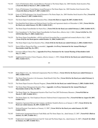 64
*10.18† Form of Performance Share Award (Mexico) Pursuant to The Home Depot, Inc. 2005 Omnibus Stock Incentive Plan.
[ Form 8-K filed on March 27, 2007, Exhibit 10.8 ]
*10.19† Form of Performance Vested Option Award Pursuant to The Home Depot, Inc. 2005 Omnibus Stock Incentive Plan.
[ Form 8-K filed on March 27, 2007, Exhibit 10.9 ]
*10.20† Form of LTIP Performance Unit Award Pursuant to The Home Depot, Inc. 2005 Omnibus Stock Incentive Plan. [ Form 8-K
filed on March 27, 2007, Exhibit 10.10 ]
*10.21† The Home Depot FutureBuilder Restoration Plan. [ Form 8-K filed on August 20, 2007, Exhibit 10.10 ]
*10.22† Non-Qualified Stock Option and Deferred Stock Unit Plan and Agreement dated as of December 4, 2000. [ Form 10-K for
the fiscal year ended January 28, 2001, Exhibit 10.20 ]
*10.23† The Home Depot FutureBuilder for Puerto Rico. [ Form 10-K for the fiscal year ended February 2, 2003, Exhibit 10.35 ]
*10.24† First Amendment To The Home Depot FutureBuilder for Puerto Rico, effective July 5, 2004. [ Form S-8 (File No. 333-
125332) filed May 27, 2005, Exhibit 10.3 ]
*10.25† The Home Depot FutureBuilder, a 401(k) and Stock Ownership Plan, as amended and restated effective July 1, 2004.
[ Form 10-Q for the fiscal quarter ended October 31, 2004, Exhibit 10.5 ]
*10.26† The Home Depot Long-Term Incentive Plan. [ Form 10-K for the fiscal year ended February 2, 2003, Exhibit 10.42 ]
*10.27† Senior Officers' Bonus Pool Plan, as amended. [ Appendix A to Proxy Statement for the Annual Meeting of
Shareholders held May 26, 1999 ]
*10.28† Executive Officers' Bonus Plan. [ Appendix B to Proxy Statement for the Annual Meeting of Shareholders held
May 27, 1998 ]
*10.29† Supplemental Executive Choice Program, effective January 1, 1999. [ Form 10-K for the fiscal year ended February 3,
2002, Exhibit 10.15 ]
*10.30† Home Depot U.S.A., Inc. Deferred Compensation Plan for Officers. [ Form 10-K for the fiscal year ended February 2,
2003, Exhibit 10.38 ]
*10.31† The Home Depot Executive Life Insurance, Death Benefit Only Plan. [ Form 10-K for the fiscal year ended February 2,
2003, Exhibit 10.39 ]
*10.32† The Home Depot Executive Physical Program. [ Form 10-K for the fiscal year ended February 2, 2003, Exhibit 10.40 ]
*10.33† The Home Depot Management Incentive Plan. [ Appendix A to Proxy Statement for the Annual Meeting of
Shareholders held on May 30, 2003 ]
*10.34† The Home Depot, Inc. Management Incentive Plan Fiscal Year 2007 Performance Measures. [ Form 8-K filed on
March 27, 2007, Exhibit 10.11 ]
*10.35† The Home Depot, Inc. Non-Employee Directors' Deferred Stock Compensation Plan. [ Form 8-K filed on August 20, 2007,
Exhibit 10.3 ]
*10.36† Separation Agreement Between the Company and Robert Nardelli effective as of January 2, 2007. [ Form 10-K for the
fiscal year ended January 28, 2007, Exhibit 10.37 ]
*10.37† Deferred Payment Trust dated as of January 12, 2007. [ Form 10-K for the fiscal year ended January 28, 2007,
Exhibit 10.38 ]
*10.38† Employment Arrangement between Frank Blake and The Home Depot, Inc., dated January 23, 2007. [ Form 8-K/A filed on
January 24, 2007, Exhibit 10.1 ]
*10.39† Employment Arrangement between Carol B. Tomé and The Home Depot, Inc., dated January 22, 2007. [ Form 8- K/A filed
on January 24, 2007, Exhibit 10.2 ]
 