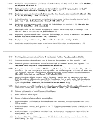 65
*10.40† Employment Arrangement between Joe DeAngelo and The Home Depot, Inc., dated January 23, 2007. [ Form 8-K/A filed
on January 24, 2007, Exhibit 10.3 ]
*10.41† Letter Agreement between Joseph J. DeAngelo and The Home Depot, Inc. and HD Supply, Inc., dated May 24, 2007
[ Form 10-Q for the fiscal quarter ended July 29, 2007, Exhibit 10.3 ]
*10.42† Employment Agreement between Dennis M. Donovan and The Home Depot, Inc. dated March 16, 2001. [ Form S-4 (File
No. 333- 61548) filed May 24, 2001, Exhibit 10.1 ]
*10.43† Deferred Stock Units Plan and Agreement between Dennis M. Donovan and The Home Depot, Inc. dated as of May 31,
2001.[ Form 10-K for the fiscal year ended February 3, 2002, Exhibit 10.25 ]
*10.44† Employment Agreement between Frank L. Fernandez and The Home Depot, Inc. dated April 2, 2001. [ Form S-4 (File
No. 333- 61548) filed May 24, 2001, Exhibit 10.2 ]
*10.45† Deferred Stock Units Plan and Agreement between Frank L. Fernandez and The Home Depot, Inc. dated April 2, 2001.
[ Form S-4 (File No. 333-61548) filed May 24, 2001, Exhibit 10.3 ]
*10.46† Employment Agreement between Robert DeRodes and The Home Depot, Inc., effective as of February 7, 2002. [ Form 10-
Q for the fiscal quarter ended November 3, 2002, Exhibit 10.2 ]
10.47† Employment Arrangement between Craig A. Menear and The Home Depot, Inc., dated April 25, 2007.
10.48† Employment Arrangement between Annette M. Verschuren and The Home Depot, Inc., dated February 15, 1996.
10.49† Non-Competition Agreement between Annette M. Verschuren and The Home Depot, Inc., dated May 10, 2006.
10.50† Separation Agreement & Release between Roger W. Adams and The Home Depot, Inc., dated November 25, 2007.
*10.51† Separation Agreement & Release by and between The Home Depot, Inc. and John H. Costello, dated September 8, 2005.
[ Form 10-Q for the fiscal quarter ended October 30, 2005, Exhibit 10.1 ]
*10.52 Participation Agreement dated as of October 22, 1998 among The Home Depot, Inc. as Guarantor; Home Depot U.S.A., Inc.
as Lessee; HD Real Estate Funding Corp. II as Facility Lender; Credit Suisse Leasing 92A L.P. as Lessor; The Bank of New
York as Indenture Trustee; and Credit Suisse First Boston Corporation and Invemed Associates, Inc. as Initial Purchasers.
[ Form 10-K for the fiscal year ended January 31, 1999, Exhibit 10.10 ]
*10.53 Master Modification Agreement dated as of April 20, 1998 among The Home Depot, Inc. as Guarantor; Home Depot
U.S.A., Inc., as Lessee and Construction Agent; HD Real Estate Funding Corp., as Facility Lender; Credit Suisse Leasing
92A L.P. as Lessor; the lenders named on the Schedule thereto as Lenders; and Credit Suisse First Boston Corporation as
Agent Bank. [ Form 10-K for the fiscal year ended January 31, 1999, Exhibit 10.13 ]
*10.54 Credit Agreement between The Home Depot, Inc., Lehman Commercial Paper Inc., Merrill Lynch Capital Corporation and
certain of their affiliates, dated August 28, 2007. [ Form 8-K filed on August 31, 2007, Exhibit 10.1 ]
12 Statement of Computation of Ratio of Earnings to Fixed Charges.
21 List of Subsidiaries of the Company.
23 Consent of Independent Registered Public Accounting Firm.
31.1 Certification of Chief Executive Officer, pursuant to Rule 13a-14(a) promulgated under the Securities Exchange Act of
1934, as amended.
31.2 Certification of Chief Financial Officer, pursuant to Rule 13a-14(a) promulgated under the Securities Exchange Act of 1934,
as amended.
32.1 Certification of Chief Executive Officer, pursuant to 18 U.S.C. Section 1350, as adopted pursuant to Section 906 of the
Sarbanes-Oxley Act of 2002.
32.2 Certification of Chief Financial Officer, pursuant to 18 U.S.C. Section 1350, as adopted pursuant to Section 906 of the
Sarbanes-Oxley Act of 2002.
 