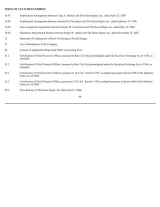 INDEX OF ATTACHED EXHIBITS
68
10.47 Employment Arrangement between Craig A. Menear and The Home Depot, Inc., dated April 25, 2007.
10.48 Employment Arrangement between Annette M. Verschuren and The Home Depot, Inc., dated February 15, 1996.
10.49 Non-Competition Agreement between Annette M. Verschuren and The Home Depot, Inc., dated May 10, 2006.
10.50 Separation Agreement & Release between Roger W. Adams and The Home Depot, Inc., dated November 25, 2007.
12 Statement of Computation of Ratio of Earnings to Fixed Charges.
21 List of Subsidiaries of the Company.
23 Consent of Independent Registered Public Accounting Firm.
31.1 Certification of Chief Executive Officer, pursuant to Rule 13a-14(a) promulgated under the Securities Exchange Act of 1934, as
amended.
31.2 Certification of Chief Financial Officer, pursuant to Rule 13a-14(a) promulgated under the Securities Exchange Act of 1934, as
amended.
32.1 Certification of Chief Executive Officer, pursuant to 18 U.S.C. Section 1350, as adopted pursuant to Section 906 of the Sarbanes-
Oxley Act of 2002.
32.2 Certification of Chief Financial Officer, pursuant to 18 U.S.C. Section 1350, as adopted pursuant to Section 906 of the Sarbanes-
Oxley Act of 2002.
99.1 Press Release of The Home Depot, Inc. dated April 3, 2008.
 