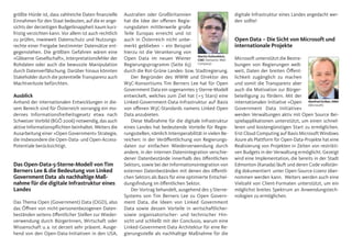 größte Hürde ist, dass zahlreiche Daten finanzielle     Australien oder Großbritannien                           digitale Infrastruktur eines Landes angedacht wer-
Einnahmen für den Staat bedeuten, auf die er ange-      hat die Idee der offenen Regie-                          den sollte!
sichts der derzeitigen Budgetknappheit kaum kurz-       rungsdaten mittlerweile große
fristig verzichten kann. Vor allem ist auch rechtlich   Teile Europas erreicht und ist
zu prüfen, inwieweit Datenschutz und Nutzungs-          auch in Österreich nicht unbe-                           Open Data – Die Sicht von Microsoft und
rechte einer Freigabe bestimmter Datensätze ent-        merkt geblieben – ein Beispiel                           internationale Projekte
gegenstehen. Die größten Gefahren wären eine            hierzu ist die Verankerung von
»Gläserne Gesellschaft«, Interpretationsfehler der      Open Data im neuen Wiener Martin Kaltenböck,
                                                                                             CMC (Semantic Web   Microsoft unterstützt die Bestre-
Rohdaten oder auch die bewusste Manipulation            Regierungsprogramm (Seite 65) Company)                   bungen von Regierungen welt-
durch Datenverfälschung. Darüber hinaus könnten         durch die Rot-Grüne Landes- bzw. Stadtregierung.         weit, Daten der breiten Öffent-
Stakeholder durch die potentielle Transparenz auch          Der Begründer des WWW und Direktor des               lichkeit zugänglich zu machen
Machtverluste befürchten.                               W3C-Konsortiums Tim Berners Lee hat für Open             und somit die Transparenz aber
                                                        Government Data ein sogenanntes 5-Sterne-Modell          auch die Motivation zur Bürger-
Ausblick                                                entwickelt, welches zum Ziel hat ( = 5 Stars) eine       beteiligung zu fördern. Mit der
Anhand der internationalen Entwicklungen in die-        Linked-Government-Data-Infrastruktur auf Basis           internationalen Initiative »Open Manfred Gröber, MBA
                                                                                                                                                     (Microsoft)
sem Bereich sind für Österreich vorrangig ein mo-       von offenen W3C-Standards namens Linked Open             Government Data Initiative«
dernes Informationsfreiheitsgesetz etwa nach            Data anzubieten.                                         werden Verwaltungen aktiv mit Open Source Bei-
Schweizer Vorbild (BGÖ 2006) notwendig, das auch            Diese Maßnahme für die digitale Infrastruktur        spielapplikationen unterstützt, um einen schnel-
aktive Informationspflichten beinhaltet. Weiters die    eines Landes hat bedeutende Vorteile für Regie-          leren und kostengünstigen Start zu ermöglichen.
Ausarbeitung einer »Open Government« Strategie,         rungsstellen, nämlich Interoperabilität in vielen Be-    Erst Cloud Computing auf Basis Microsoft Windows
die insbesondere die Open-Data- und Open-Access-        reichen: in der Veröffentlichung von Regierungs-         Azure als Plattform für Open-Data-Projekte hat eine
Potentiale berücksichtigt.                              daten zur einfachen Wiederverwendung durch               Realisierung von Projekten in Zeiten von restrikti-
                                                        andere, in der internen Datenintegration verschie-       ven Budgets in der Verwaltung ermöglicht. Gezeigt
                                                        dener Datenbestände innerhalb des öffentlichen           wird eine Implementation, die bereits in der Stadt
Das Open-Data-5-Sterne-Modell von Tim                   Sektors, sowie bei der Informationsintegration von       Edmonton (Kanada) läuft und deren Code vollstän-
Berners Lee & die Bedeutung von Linked                  externen Datenbeständen mit denen des öffentli-          dig dokumentiert unter Open-Source-Lizenz über-
Government Data als nachhaltige Maß-                    chen Sektors als Basis für eine optimierte Entschei-     nommen werden kann. Weiters werden auch eine
nahme für die digitale Infrastruktur eines              dungsfindung im öffentlichen Sektor.                     Vielzahl von Client-Formaten unterstützt, um ein
Landes                                                      Der Vortrag behandelt, ausgehend des 5-Sterne-       möglichst breites Spektrum an Anwendungstech-
                                                        Systems von Tim Berners Lee zu Open Govern-              nologien zu ermöglichen.
Das Thema Open (Government) Data (OGD), also            ment Data, die Ideen von Linked Government
das Öffnen von nicht-personenbezogenen Daten-           Data sowie dessen Vorteile in wirtschaftlicher-
beständen seitens öffentlicher Stellen zur Wieder-      sowie organisatorischer- und technischer Hin-
verwendung durch BürgerInnen, Wirtschaft oder           sicht und schließt mit der Conclusio, warum eine
Wissenschaft u. a. ist derzeit sehr präsent. Ausge-     Linked-Government-Data Architektur für eine Re-
hend von den Open-Data-Initiativen in den USA,          gierungsstelle als nachhaltige Maßnahme für die
 