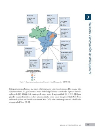 MANUAL DA CONSTRUÇÃO EM AÇO 49
Figura 11: Mapa de corrosividade atmosférica para o Brasil25, segundo a ISO 12944-2.
É importante ressaltarmos que existe relacionamento entre os dois mapas. Eles são, de fato,
complementares. As grandes áreas rurais do Brasil podem ser classificadas segundo a meto-
dologia da ISO 12944-2, de modo geral, como sendo de agressividade C2 (e C3). Médias e
grandes cidades brasileiras podem ser consideradas como sendo de agressividade C3. Áreas
industriais podem ser classificadas como C4 ou C5-I; áreas costeiras podem ser classificadas
como sendo C4 ou C5-M.
A
qualificação
da
agressividade
ambiental
3
 