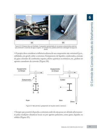 MANUAL DA CONSTRUÇÃO EM AÇO 71
Figura 23: A limpeza deve ser facilitada. A passarela representada em (a) possui componentes externos
que promovem o acúmulo de água e sujeira. Um simples furo poderia promover a drenagem da água de
chuva.
•	O projeto deve considerar a influência adversa de um componente não-estrutural (p.ex.,
utilidades, em geral), sobre a estrutura. Gotejamento de líquidos condensados, emissão
de gases oriundos de combustão, vapores, efeitos químicos ou térmicos, etc., podem ser
agentes causadores da corrosão (Figura 24);
Figura 24: Não permita o gotejamento de líquidos sobre a estrutura.
•	Sempre que possível,disponha a estrutura onde ela não possa ser afetada adversamen-
te pelas condições climáticas locais ou por agentes poluentes, como gases, líquidos ou
sólidos (Figura 25);
O
Controle
da
Corrosão
Através
do
Detalhamento
6
 