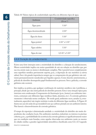 88 PROJETO E DURABILIDADE
Tabela 10: Valores típicos de condutividade específica em diferentes tipos de água.
Ambiente
Condutividade específica
(Ω.cm-1
)
Água pura 5.10-8
Água desmineralizada 2.10-6
Água de chuva 5.10-5
Água potável 2.10-4
a 1.10-3
Água salobra 5.10-3
Água do mar 3,5.10-2
a 5.10-2
6.4.4	Duração do umedecimento
Existe uma forte interação entre a resistividade do eletrólito e a duração do umedecimento.
Menor resistividade implica em maior quantidade de sais em solução no eletrólito que, por
sua vez, resiste mais ou menos à desidratação completa. Não é possível secar completamente
uma superfície metálica previamente exposta, p.ex., à deposição de sais marinhos (a névoa
salina). Isto é de grande importância sempre que os componentes do par galvânico não esti-
verem permanentemente umedecidos por líquidos aquosos. Como descrito anteriormente, a
película de eletrólito desempenha papel fundamental no processo. Sem a película, a corrosão
galvânica não ocorrerá.
Isto implica, na prática, que qualquer combinação de materiais metálicos não é problema, a
princípio, desde que não exista película de eletrólito presente. Esta é uma situação típica para
interiores sem condensação. Componentes de iluminação (p.ex., lustres), em ambientes inte-
riores, costumam unir diferentes ligas metálicas (latão, alumínio, etc.). A corrosão galvânica
raramente é observada nestas condições. De modo geral, ambientes secos, aerados (e, even-
tualmente, aquecidos) não impõe restrição à união de diferentes ligas metálicas. A Figura 43
ilustra um caso de união de aço inoxidável com aço carbono pintado em um ambiente interior.
Não haverá o desenvolvimento de corrosão galvânica.
O tempo de exposição à determinada umidade e a resistividade do eletrólito são muito de-
pendentes das condições locais. Em ambientes marinhos, industriais ou internos às piscinas
cobertas,p.ex.,a probabilidade da ocorrência da corrosão galvânica é significativamente maior
que em condições mais brandas, como aquelas observadas nos ambientes rurais ou mesmo
de cidades médias a grandes (agressividade atmosférica classificada como C2 e C3 segundo
O
Controle
da
Corrosão
Através
do
Detalhamento
6
 