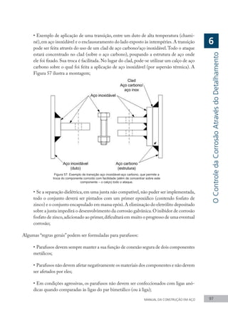 MANUAL DA CONSTRUÇÃO EM AÇO 97
•	Exemplo de aplicação de uma transição, entre um duto de alta temperatura (chami-
né),em aço inoxidável e o enclausuramento do lado exposto às intempéries.A transição
pode ser feita através do uso de um clad de aço carbono/aço inoxidável.Todo o ataque
estará concentrado no clad (sobre o aço carbono), poupando a estrutura de aço onde
ele foi fixado. Sua troca é facilitada. No lugar do clad, pode-se utilizar um calço de aço
carbono sobre o qual foi feita a aplicação de aço inoxidável (por aspersão térmica). A
Figura 57 ilustra a montagem;
Figura 57: Exemplo de transição aço inoxidável-aço carbono, que permite a
troca do componente corroído com facilidade (além de concentrar sobre este
componente – o calço) todo o ataque.
•	Se a separação dielétrica, em uma junta não compatível, não puder ser implementada,
todo o conjunto deverá ser pintados com um primer epoxídico (contendo fosfato de
zinco) e o conjunto encapsulado em massa epóxi.A eliminação do eletrólito depositado
sobre a junta impedirá o desenvolvimento da corrosão galvânica.O inibidor de corrosão
fosfato de zinco,adicionado ao primer,dificultará em muito o progresso de uma eventual
corrosão;
Algumas “regras gerais” podem ser formuladas para parafusos:
•	Parafusos devem sempre manter a sua função de conexão segura de dois componentes
metálicos;
•	Parafusos não devem afetar negativamente os materiais dos componentes e não devem
ser afetados por eles;
•	Em condições agressivas, os parafusos não devem ser confeccionados com ligas anó-
dicas quando comparadas às ligas do par bimetálico (ou à liga);
O
Controle
da
Corrosão
Através
do
Detalhamento
6
 