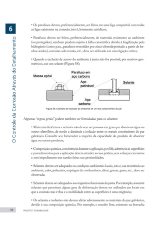 98 PROJETO E DURABILIDADE
•	Os parafusos devem, preferencialmente, ser feitos em uma liga compatível com todas
as ligas existentes na conexão, isto é, levemente catódicos;
•	Parafusos devem ser feitos, preferencialmente, de materiais resistentes ao ambiente
(ou protegidos); nenhum produto sujeito à falha catastrófica devido à fragilização pelo
hidrogênio (como p.ex., parafusos revestidos por zinco eletrodepositado a partir de ba-
nhos ácidos), corrosão-sob-tensão, etc., deve ser utilizado em uma ligação crítica;
•	Quando a exclusão de acesso do ambiente à junta não for possível, por motivos geo-
métricos, use um selante (Figura 58);
Figura 58: Exemplo de exclusão do ambiente de um dos componentes do par.
Algumas “regras gerais” podem também ser formuladas para os selantes:
•	Materiais dielétricos e selantes não devem ser porosos em grau que absorvam água ou
outros eletrólitos, de modo a diminuir a isolação entre os metais constituintes do par
galvânico. Consulte seu fornecedor a respeito da capacidade do produto de absorver
água ou outros produtos;
•	Composição química,consistência durante a aplicação,pot life,aderência às superfícies
e procedimentos para a aplicação devem atender ao uso prático,sem esforços excessivos
e sem impedimento em tarefas feitas nas proximidades;
•	Selantes devem ser adequados às condições ambientais locais,isto é,sua resistência ao
ambiente, calor, poluentes, respingos de combustíveis, óleos, graxas, gases, etc., deve ser
observada;
•	Selantes devem ser adequados aos requisitos funcionais da junta.Por exemplo,somente
selantes que permitam algum grau de deformação devem ser utilizados em locais em
que a conexão não é fixa e a mobilidade entre as superfícies é uma exigência;
•	Os selantes e isolantes não devem afetar adversamente os materiais do par galvânico,
devido à sua composição química. Por exemplo, o enxofre livre, existente na borracha
O
Controle
da
Corrosão
Através
do
Detalhamento
6
 