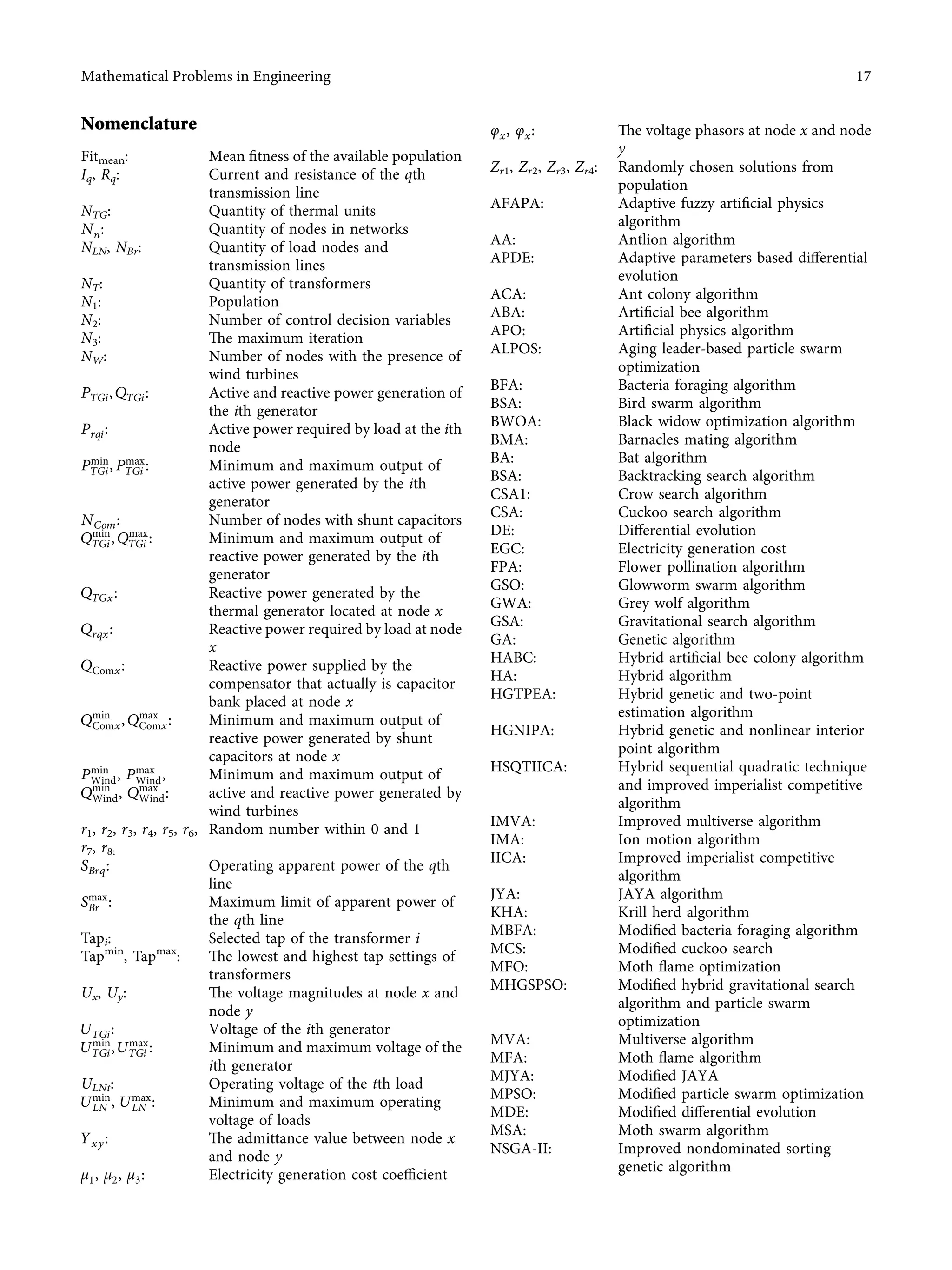 Nomenclature
Fitmean: Mean ﬁtness of the available population
Iq, Rq: Current and resistance of the qth
transmission line
NTG: Quantity of thermal units
Nn: Quantity of nodes in networks
NLN, NBr: Quantity of load nodes and
transmission lines
NT: Quantity of transformers
N1: Population
N2: Number of control decision variables
N3: The maximum iteration
NW: Number of nodes with the presence of
wind turbines
PTGi, QTGi: Active and reactive power generation of
the ith generator
Prqi: Active power required by load at the ith
node
Pmin
TGi, Pmax
TGi : Minimum and maximum output of
active power generated by the ith
generator
NCom: Number of nodes with shunt capacitors
Qmin
TGi, Qmax
TGi : Minimum and maximum output of
reactive power generated by the ith
generator
QTGx: Reactive power generated by the
thermal generator located at node x
Qrqx: Reactive power required by load at node
x
QComx: Reactive power supplied by the
compensator that actually is capacitor
bank placed at node x
Qmin
Comx, Qmax
Comx: Minimum and maximum output of
reactive power generated by shunt
capacitors at node x
Pmin
Wind, Pmax
Wind,
Qmin
Wind, Qmax
Wind:
Minimum and maximum output of
active and reactive power generated by
wind turbines
r1, r2, r3, r4, r5, r6,
r7, r8:
Random number within 0 and 1
SBrq: Operating apparent power of the qth
line
Smax
Br : Maximum limit of apparent power of
the qth line
Tapi: Selected tap of the transformer i
Tapmin
, Tapmax
: The lowest and highest tap settings of
transformers
Ux, Uy: The voltage magnitudes at node x and
node y
UTGi: Voltage of the ith generator
Umin
TGi, Umax
TGi : Minimum and maximum voltage of the
ith generator
ULNt: Operating voltage of the tth load
Umin
LN , Umax
LN : Minimum and maximum operating
voltage of loads
Yxy: The admittance value between node x
and node y
μ1, μ2, μ3: Electricity generation cost coeﬃcient
φx, φx: The voltage phasors at node x and node
y
Zr1, Zr2, Zr3, Zr4: Randomly chosen solutions from
population
AFAPA: Adaptive fuzzy artiﬁcial physics
algorithm
AA: Antlion algorithm
APDE: Adaptive parameters based diﬀerential
evolution
ACA: Ant colony algorithm
ABA: Artiﬁcial bee algorithm
APO: Artiﬁcial physics algorithm
ALPOS: Aging leader-based particle swarm
optimization
BFA: Bacteria foraging algorithm
BSA: Bird swarm algorithm
BWOA: Black widow optimization algorithm
BMA: Barnacles mating algorithm
BA: Bat algorithm
BSA: Backtracking search algorithm
CSA1: Crow search algorithm
CSA: Cuckoo search algorithm
DE: Diﬀerential evolution
EGC: Electricity generation cost
FPA: Flower pollination algorithm
GSO: Glowworm swarm algorithm
GWA: Grey wolf algorithm
GSA: Gravitational search algorithm
GA: Genetic algorithm
HABC: Hybrid artiﬁcial bee colony algorithm
HA: Hybrid algorithm
HGTPEA: Hybrid genetic and two-point
estimation algorithm
HGNIPA: Hybrid genetic and nonlinear interior
point algorithm
HSQTIICA: Hybrid sequential quadratic technique
and improved imperialist competitive
algorithm
IMVA: Improved multiverse algorithm
IMA: Ion motion algorithm
IICA: Improved imperialist competitive
algorithm
JYA: JAYA algorithm
KHA: Krill herd algorithm
MBFA: Modiﬁed bacteria foraging algorithm
MCS: Modiﬁed cuckoo search
MFO: Moth ﬂame optimization
MHGSPSO: Modiﬁed hybrid gravitational search
algorithm and particle swarm
optimization
MVA: Multiverse algorithm
MFA: Moth ﬂame algorithm
MJYA: Modiﬁed JAYA
MPSO: Modiﬁed particle swarm optimization
MDE: Modiﬁed diﬀerential evolution
MSA: Moth swarm algorithm
NSGA-II: Improved nondominated sorting
genetic algorithm
Mathematical Problems in Engineering 17
 