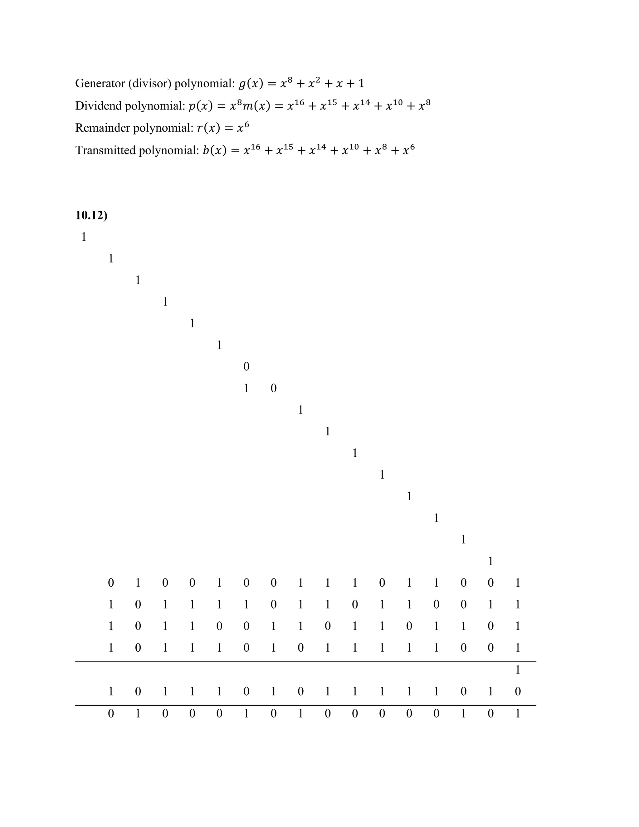 Generator (divisor) polynomial: 𝑔(𝑥) = 𝑥8
+ 𝑥2
+ 𝑥 + 1
Dividend polynomial: 𝑝(𝑥) = 𝑥8
𝑚(𝑥) = 𝑥16
+ 𝑥15
+ 𝑥14
+ 𝑥10
+ 𝑥8
Remainder polynomial: 𝑟(𝑥) = 𝑥6
Transmitted polynomial: 𝑏(𝑥) = 𝑥16
+ 𝑥15
+ 𝑥14
+ 𝑥10
+ 𝑥8
+ 𝑥6
10.12)
1
1
1
1
1
1
0
1 0
1
1
1
1
1
1
1
1
0 1 0 0 1 0 0 1 1 1 0 1 1 0 0 1
1 0 1 1 1 1 0 1 1 0 1 1 0 0 1 1
1 0 1 1 0 0 1 1 0 1 1 0 1 1 0 1
1 0 1 1 1 0 1 0 1 1 1 1 1 0 0 1
1
1 0 1 1 1 0 1 0 1 1 1 1 1 0 1 0
0 1 0 0 0 1 0 1 0 0 0 0 0 1 0 1
 