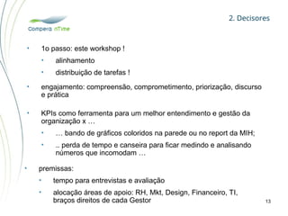 2. Decisores
13
• 1o passo: este workshop !
• alinhamento
• distribuição de tarefas !
• premissas:
• tempo para entrevistas e avaliação
• alocação áreas de apoio: RH, Mkt, Design, Financeiro, TI,
braços direitos de cada Gestor
• engajamento: compreensão, comprometimento, priorização, discurso
e prática
• KPIs como ferramenta para um melhor entendimento e gestão da
organização x …
• … bando de gráficos coloridos na parede ou no report da MIH;
• .. perda de tempo e canseira para ficar medindo e analisando
números que incomodam …
 