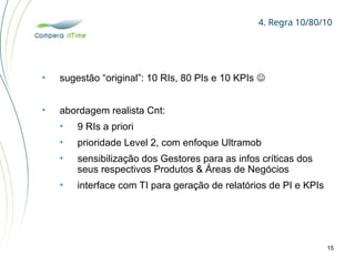 4. Regra 10/80/10
15
• sugestão “original”: 10 RIs, 80 PIs e 10 KPIs 
• abordagem realista Cnt:
• 9 RIs a priori
• prioridade Level 2, com enfoque Ultramob
• sensibilização dos Gestores para as infos críticas dos
seus respectivos Produtos & Áreas de Negócios
• interface com TI para geração de relatórios de PI e KPIs
 