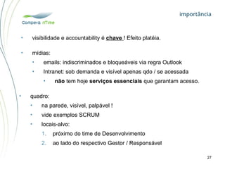 importância
27
• visibilidade e accountability é chave ! Efeito platéia.
• quadro:
• na parede, visível, palpável !
• vide exemplos SCRUM
• locais-alvo:
1. próximo do time de Desenvolvimento
2. ao lado do respectivo Gestor / Responsável
• mídias:
• emails: indiscriminados e bloqueáveis via regra Outlook
• Intranet: sob demanda e visível apenas qdo / se acessada
• não tem hoje serviços essenciais que garantam acesso.
 