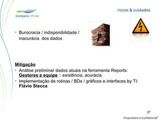 riscos & cuidados
Proprietário e Confidencial
©
37
• Burocracia / indisponibilidade /
inacurácia dos dados
Mitigação
• Análise preliminar dados atuais na ferramenta Reports:
Gestores e equipe :: existência, acurácia
• Implementação de rotinas / BDs / gráficos e interfaces by TI:
Flávio Stecca
 