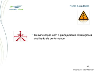 riscos & cuidados
Proprietário e Confidencial
©
40
• Desvinculação com o planejamento estratégico &
avaliação de performance
 