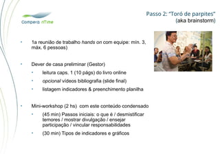 Passo 2: “Toró de parpites”
(aka brainstorm)
• 1a reunião de trabalho hands on com equipe: mín. 3,
máx. 6 pessoas)
• Dever de casa preliminar (Gestor)
• leitura caps. 1 (10 págs) do livro online
• opcional vídeos bibliografia (slide final)
• listagem indicadores & preenchimento planilha
• Mini-workshop (2 hs) com este conteúdo condensado
• (45 min) Passos iniciais: o que é / desmistificar
temores / mostrar divulgação / ensejar
participação / vincular responsabilidades
• (30 min) Tipos de indicadores e gráficos
 