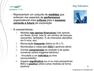 • Representam um conjunto de medidas que
enfocam nos aspectos de performance
organizational mais críticos para o sucesso
corrente e futuro da corporação
Key indicators
Proprietário e Confidencial
©
5
• 6 características:
1. Medidas não apenas financeiras (não apenas
em Reais, Euros, mas tb. em número de licenças,
assinantes, tarifações, % de chamados atendidos
em 5 mins, etc).
2. Mensuração frequente (diária ou 24 x 7);
3. Monitoradas e vistas pelo CEO e gerência sênior
4. Correta compreensão da medição e de ações
corretivas (action-triggered behavior)
5. Vinculada a um indivíduo ou time
(accountability)
6. Impacto significativo (ou m ou mais perspectivas
BSC) e positivo (afeta outras medidas de forma
positiva)
 