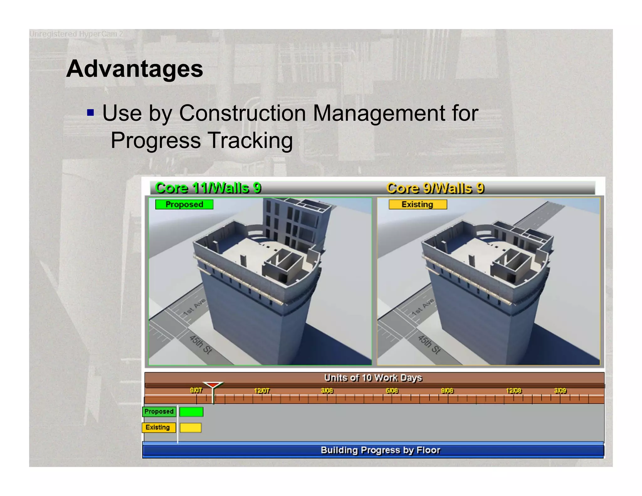 Advantages
 Use by Construction Management for
Progress Tracking
 