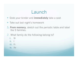 Launch
  Grab your binder and immediately take a seat
  Take out last night’s homework
1.  From memory, sketch out the periodic table and label
   the 5 families.

2.  What family do the following belong to?
  i.      Sr
  ii.     I
  iii.    Fr
  iv.     Xe
 