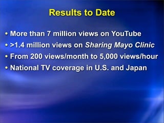 Results to Date

• More than 7 million views on YouTube
• >1.4 million views on Sharing Mayo Clinic
• From 200 views/month to 5,000 views/hour
• National TV coverage in U.S. and Japan
 