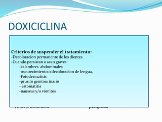 DOXICICLINA
Reacciones adversas Otras circunstancias especiales
 Gastrointestinales
 Sanguíneas/ sistema linfático
 Endocrinos
 Sistema nervioso
 Otorrinolaringológicas
 Cardiovasculares
 Hepatobiliares
 Dermatológicas
 Musculoesqueléticas
 Trastornos renales y urinarios
 Hipersensibilidad
 Colitis pseudomembranosa
 Reacciones de
fotosensibilidad
 Alcoholismo
 Individuos tratados con
regímenes terapéuticos
completos
 Conducción de vehiculos o
manejo de maquinaria
peligrosa
Criterios de suspender el tratamiento:
-Decoloracion permanente de los dientes
-Cuando persistan o sean graves:
-calambres abdominales
-oscurecimiento o decoloracion de lengua,
-Fotodermatitis
-prurito genitourinario
- estomatitis
-nauseas y/o vómitos
 