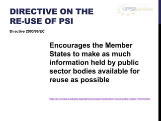 DIRECTIVE ON THE 
RE-USE OF PSI 
Encourages the Member 
States to make as much 
information held by public 
sector bodies available for 
reuse as possible 
http://ec.europa.eu/digital-agenda/en/european-legislation-reuse-public-sector-information 
Directive 2003/98/EC 
 