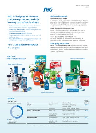P&G Fact Sheet August 2008
                                                                                                                                                                                  NYSE: PG




                                                                                             Deﬁning Innovation
 P&G is designed to innovate
                                                                                             WHAT INNOVATION IS AT P&G :
 consistently and successfully                                                               It’s everything we do that improves the value consumers get from
 in every part of our business.                                                              putting their trust in P&G brands. Innovation ranges from product
                                                                                             formulation, package design and consumer communications to
                                                                                             supply systems, business models and organizational productivity.
 • We DEFINE INNOVATION BROADLY, in terms of what it is,
   where it comes from, and who’s responsible for it.
                                                                                             WHERE INNOVATION COMES FROM AT P&G :
 • We INVEST IN INNOVATION at industry-leading levels with
                                                                                             Inside, across 22 global product categories and more than a
   ongoing productivity savings.
                                                                                             hundred technology areas. Outside, from nearly two million
 • We MANAGE INNOVATION with discipline.
                                                                                             potential innovation partners worldwide.
 • We DELIVER INNOVATION that builds consumer trust and
                                                                                             WHO’S RESPONSIBLE FOR INNOVATION AT P&G :
   loyalty over time.
                                                                                             In a word, everyone. We maintain strict accountability for
 • We LEAD INNOVATION on leading global brands and with
                                                                                             innovation success, but we encourage all P&Gers to innovate.
   an outstanding team of innovation leaders.

                                                                                             Managing Innovation
 P&G is Designed to Innovate…                                                                P&G IS A DISCIPLINED INNOVATOR. We select innovation projects,

 and to grow.                                                                                allocate resources, and bring innovation to market with disciplined
                                                                                             processes and systems that ensure a steady new-product pipeline
                                                                                             for every P&G business.


 P&G’s 24
“Billion-Dollar Brands”                                                                                                                          Global Health & Well-Being



 Global Beauty & Grooming




                                                                     Global Household Care




 Portfolio
                                                                                                                                                                                Net Sales
                                                                                                                                                                                  by GBU (1)
                                 GBU                                                     Reportable Segment                 Billion-Dollar Brands                              (in billions)

                                                                                         Beauty                             Head & Shoulders, Olay,                              $27.8
                                 BEAUTY
                                                                                                                            Pantene, Wella
                                                                                         Grooming                           Braun, Fusion, Gillette, Mach3
                                                                                         Health Care                        Actonel, Always, Crest, Oral-B                       $19.4
                                 HEALTH & WELL-BEING


                                                                                         Snacks, Coffee                     Folgers, Iams, Pringles
                                                                                         and Pet Care
                                                                                         Fabric Care and                    Ariel, Dawn, Downy, Duracell,                        $37.7
                                 HOUSEHOLD CARE
                                                                                         Home Care                          Gain, Tide
                                                                                         Baby Care and                      Bounty, Charmin, Pampers
       &
                                                                                         Family Care
                                 (1) Partially offset by net sales in corporate to eliminate the sales of unconsolidated entities included in business unit results.
 
