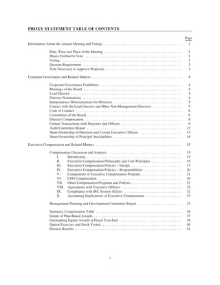 PROXY STATEMENT TABLE OF CONTENTS
Page
Information About the Annual Meeting and Voting . . . . . . . . . . . . . . . . . . . . . . . . . . . . . . . . . . . . . . . . . . . . 1
Date, Time and Place of the Meeting . . . . . . . . . . . . . . . . . . . . . . . . . . . . . . . . . . . . . . . . . . . 1
Shares Entitled to Vote . . . . . . . . . . . . . . . . . . . . . . . . . . . . . . . . . . . . . . . . . . . . . . . . . . . . . . 1
Voting . . . . . . . . . . . . . . . . . . . . . . . . . . . . . . . . . . . . . . . . . . . . . . . . . . . . . . . . . . . . . . . . . . . 1
Quorum Requirement . . . . . . . . . . . . . . . . . . . . . . . . . . . . . . . . . . . . . . . . . . . . . . . . . . . . . . . 3
Vote Necessary to Approve Proposals . . . . . . . . . . . . . . . . . . . . . . . . . . . . . . . . . . . . . . . . . . 3
Corporate Governance and Related Matters . . . . . . . . . . . . . . . . . . . . . . . . . . . . . . . . . . . . . . . . . . . . . . . . . . 4
Corporate Governance Guidelines . . . . . . . . . . . . . . . . . . . . . . . . . . . . . . . . . . . . . . . . . . . . . 4
Meetings of the Board . . . . . . . . . . . . . . . . . . . . . . . . . . . . . . . . . . . . . . . . . . . . . . . . . . . . . . . 4
Lead Director . . . . . . . . . . . . . . . . . . . . . . . . . . . . . . . . . . . . . . . . . . . . . . . . . . . . . . . . . . . . . . 4
Director Nominations . . . . . . . . . . . . . . . . . . . . . . . . . . . . . . . . . . . . . . . . . . . . . . . . . . . . . . . 4
Independence Determinations for Directors . . . . . . . . . . . . . . . . . . . . . . . . . . . . . . . . . . . . . . 5
Contact with the Lead Director and Other Non-Management Directors . . . . . . . . . . . . . . . . 5
Code of Conduct . . . . . . . . . . . . . . . . . . . . . . . . . . . . . . . . . . . . . . . . . . . . . . . . . . . . . . . . . . . 6
Committees of the Board . . . . . . . . . . . . . . . . . . . . . . . . . . . . . . . . . . . . . . . . . . . . . . . . . . . . . 6
Director Compensation . . . . . . . . . . . . . . . . . . . . . . . . . . . . . . . . . . . . . . . . . . . . . . . . . . . . . . 8
Certain Transactions with Directors and Officers . . . . . . . . . . . . . . . . . . . . . . . . . . . . . . . . . . 9
Audit Committee Report . . . . . . . . . . . . . . . . . . . . . . . . . . . . . . . . . . . . . . . . . . . . . . . . . . . . . 12
Share Ownership of Directors and Certain Executive Officers . . . . . . . . . . . . . . . . . . . . . . . 13
Share Ownership of Principal Stockholders . . . . . . . . . . . . . . . . . . . . . . . . . . . . . . . . . . . . . . 14
Executive Compensation and Related Matters . . . . . . . . . . . . . . . . . . . . . . . . . . . . . . . . . . . . . . . . . . . . . . . . 15
Compensation Discussion and Analysis . . . . . . . . . . . . . . . . . . . . . . . . . . . . . . . . . . . . . . . . . 15
I. Introduction . . . . . . . . . . . . . . . . . . . . . . . . . . . . . . . . . . . . . . . . . . . . . . . . . . . . . 15
II. Executive Compensation Philosophy and Core Principles . . . . . . . . . . . . . . . . . 15
III. Executive Compensation Policies – Design . . . . . . . . . . . . . . . . . . . . . . . . . . . . 17
IV. Executive Compensation Policies – Responsibilities . . . . . . . . . . . . . . . . . . . . . 20
V. Components of Executive Compensation Program . . . . . . . . . . . . . . . . . . . . . . . 21
VI. CEO Compensation . . . . . . . . . . . . . . . . . . . . . . . . . . . . . . . . . . . . . . . . . . . . . . . 30
VII. Other Compensation Programs and Policies . . . . . . . . . . . . . . . . . . . . . . . . . . . . 31
VIII. Agreements with Executive Officers . . . . . . . . . . . . . . . . . . . . . . . . . . . . . . . . . 32
IX. Compliance with IRC Section 162(m) . . . . . . . . . . . . . . . . . . . . . . . . . . . . . . . . 32
X. Accounting Implications of Executive Compensation . . . . . . . . . . . . . . . . . . . . 33
Management Planning and Development Committee Report . . . . . . . . . . . . . . . . . . . . . . . . . 33
Summary Compensation Table . . . . . . . . . . . . . . . . . . . . . . . . . . . . . . . . . . . . . . . . . . . . . . . . 34
Grants of Plan-Based Awards . . . . . . . . . . . . . . . . . . . . . . . . . . . . . . . . . . . . . . . . . . . . . . . . . 37
Outstanding Equity Awards at Fiscal Year-End . . . . . . . . . . . . . . . . . . . . . . . . . . . . . . . . . . . 38
Option Exercises and Stock Vested . . . . . . . . . . . . . . . . . . . . . . . . . . . . . . . . . . . . . . . . . . . . . 40
Pension Benefits . . . . . . . . . . . . . . . . . . . . . . . . . . . . . . . . . . . . . . . . . . . . . . . . . . . . . . . . . . . 41
i
 