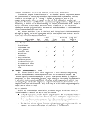 5. Reward results achieved short-term and, in the long-term, stockholder value creation.
In defining and designing the specific elements of CVS Caremark’s executive compensation program,
the Committee intends to structure a balance between achieving robust short-term, or annual, results and
ensuring the long-term success of the Company. To reinforce the importance of balancing these
perspectives, the executive officers are regularly provided both short- and long-term incentive award
opportunities. Opportunities in CVS Caremark’s long-term incentive programs increase at higher levels of
responsibility, as executive officers in these leadership roles have the greatest influence on the Company’s
strategic direction and results over time. Performance metrics for both short- and long-term incentive
compensation programs are defined financial indicators, such as operating profit or EPS, each of which are
objectively measured and publicly disclosed.
The Committee believes that each of the components of our overall executive compensation program,
which will be discussed later in this Discussion and Analysis, must contribute to the furtherance of one or
more of our five Core Principles, as outlined below:
Compensation
Element
Base
Salary
Annual
Cash
Incentive
Stock
Options
Restricted
Stock
Units
Long-Term
Incentive
Plan
Core Principle
1. Achieve business
strategies and goals ✓ ✓ ✓ ✓
2. Attract and retain
high caliber talent ✓ ✓ ✓ ✓ ✓
3. Motivate high
performance ✓ ✓ ✓ ✓
4. Align executive and
shareholder interests
through equity ownership ✓ ✓ ✓
5. Reward short-term results
and creation of long-term
value ✓ ✓ ✓ ✓
III. Executive Compensation Policies – Design
The Committee references specific policies and guidelines to ensure adherence to the philosophy
statements outlined above when considering the initial design and any subsequent changes to CVS
Caremark’s executive compensation programs. In particular, the Committee examines the competitive
positioning of total direct compensation, the ratio of current to long-term compensation, the relative levels
of cash and non-cash compensation, and the mix of fixed and variable compensation. In addition, when
considering changes to the benefits and perquisite components of compensation, the Committee assesses
competitive market practice and the impact of any such change on the overall total compensation package
offered to CVS Caremark executives.
Role of Consultants
To assist the Committee with its responsibilities, it continues to engage the services of Mercer, an
external compensation consulting firm. During fiscal 2007, Mercer:
Ⅲ Collected, organized and presented objective competitive market data for a relevant competitive
peer group with respect to executive officers’ target, annual and long-term compensation levels;
Ⅲ Reviewed and commented on management-developed recommendations on salary increases,
short- and long-term compensation awards, and incentive compensation design;
Ⅲ Developed and delivered an annual Committee briefing on executive compensation legislative and
regulatory developments and trends and their implications for CVS Caremark;
17
 