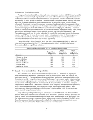 4. Fixed versus Variable Compensation
As a general practice for middle-level through senior management positions at CVS Caremark, variable
compensation has an increasingly important role as the scope and span of business responsibilities increase.
Each manager is held accountable for objective financial and operational goals that are defined, established
and measured for his or her specific position. Target rewards for achievement of these goals are associated
with either the annual or long-term compensation programs, as appropriate. Actual awards will vary
substantially from year to year, and from manager to manager, based on actual performance against these
goals. For the executive management team, this emphasis on variable compensation is enforced through the
annual incentive program, the LTIP, and the service-based equity award program, which ties a significant
amount of additional variable compensation to the executive’s continued employment (subject to the vesting
and forfeiture provisions of the stockholder-approved incentive plan) and the performance of CVS
Caremark common stock over the vesting and option life periods. The performance metrics for the annual
incentive and LTIP and the range of opportunity relative to target are consistent for the entire group of
executive officers, including the CEO; however, in determining individual awards the Committee
considered the appropriate individual target incentive opportunity.
For fiscal year 2007, the percentage of target total direct compensation represented by at-risk pay
(short- and long-term incentives) for CVS Caremark’s executive officers specified in the Summary
Compensation Table on page 34 was as follows:
Target At-Risk Compensation as % of Total Direct Compensation
Executive
Target Fixed
Compensation
%
Target
Short-Term
Compensation
%
Target
Long-Term
Compensation
%
Thomas M. Ryan 10% 20% 70%
David B. Rickard 18% 23% 59%
Chris W. Bodine 15% 21% 64%
Howard A. McLure 15% 22% 63%
Larry J. Merlo 15% 21% 64%
Douglas A. Sgarro 16% 17% 67%
IV. Executive Compensation Policies – Responsibilities
The Committee views the executive compensation process at CVS Caremark as an ongoing and
iterative responsibility with several key milestone events. In the first quarter of the year following the
performance year, CVS Caremark’s finance department prepares and presents numerous schedules to the
Committee to provide a comprehensive overview of the Company’s performance relative to the annual and
long-term incentive plan periods just concluded. This presentation includes remarks by the CEO and CFO to
provide context and background to the financial results. It also contemplates an annual and multi-year
comparison of CVS Caremark’s performance versus that of the companies in its peer group. Key financial
metrics, including total shareholder return, growth in revenue and operating profit, and stock price
performance, are discussed, with a focus on the Company’s relative ranking within the peer group and
against other relevant performance indices.
Early in January of the year following the performance year, the CEO meets with the independent
directors of the Board to present a self-assessment of his performance against the strategic, operational and
financial goals of the Company that were approved by the Board at the beginning of the performance year.
The independent directors meet privately to discuss and assess the overall performance of the CEO during
the performance year. Each Committee member and all other independent directors participate in this
discussion, which is facilitated by the Lead Director and the Committee Chair.
20
 