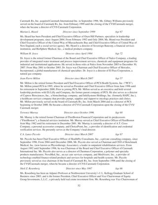 Caremark Rx, Inc. acquired Caremark International Inc. in September 1996. Ms. Gibney Williams previously
served on the board of Caremark Rx, Inc. from February 1999 until the closing of the CVS/Caremark merger,
when she became a director of CVS Caremark Corporation.
Marian L. Heard Director since September 1999 Age 67
Ms. Heard has been President and Chief Executive Officer of Oxen Hill Partners, specialists in leadership
development programs, since August 2004. From February 1992 until July 2004, Ms. Heard was President and
Chief Executive Officer of the United Way of Massachusetts Bay and Chief Executive Officer of United Way of
New England, each a social service agency. Ms. Heard is a director of Sovereign Bancorp, a financial services
institution, and BioSphere Medical, Inc., a medical products company.
William H. Joyce Director since April 1994 Age 72
Dr. Joyce is the retired former Chairman of the Board and Chief Executive Officer of Nalco Company, a leading
provider of integrated water treatment and process improvement services, chemicals and equipment programs for
industrial and institutional applications. He served in those roles at Nalco from November 2003 to December 30,
2007. From May 2001 to October 2003, Dr. Joyce was Chairman and Chief Executive Officer of Hercules,
Incorporated, a global manufacturer of chemical specialties. Dr. Joyce is a director of El Paso Corporation, a
natural gas company.
Jean-Pierre Millon Director since March 2007 Age 57
Mr. Millon is the retired former President and Chief Executive Officer of PCS Health Systems, Inc. (“PCS”).
Mr. Millon joined PCS in 1995, where he served as President and Chief Executive Officer from June 1996 until
his retirement in September 2000. Prior to joining PCS, Mr. Millon served as an executive and held several
leadership positions with Eli Lilly and Company, the former parent company of PCS. He also serves as a director
of Cypress Biosciences, Inc., a biotechnology company, and InfuSystems Holdings, Inc. (formerly HAPC, Inc.),
a healthcare services company that provides pumps, supplies and support to oncology practices and clinics.
Mr. Millon previously served on the board of Caremark Rx, Inc. from March 2004 and as a director of PCS
beginning in October 2000. He became a director of CVS Caremark Corporation upon the closing of the CVS/
Caremark merger.
Terrence Murray Director since October 1996 Age 68
Mr. Murray is the retired former Chairman of FleetBoston Financial Corporation and its predecessors
(“FleetBoston”), a financial services institution. Mr. Murray served as Chief Executive Officer of FleetBoston
from May 1982 until his retirement in December 2001. Mr. Murray is currently a director of A.T. Cross
Company, a personal accessories company, and ChoicePoint, Inc., a provider of identification and credential
verification services. He presently serves as the Company’s lead director.
C.A. Lance Piccolo Director since March 2007 Age 67
Mr. Piccolo has been Chief Executive Officer of HealthPic Consultants, Inc., a private consulting company, since
September 1996. From 2004 until December 2006, Mr. Piccolo also served as Chairman and CEO of Benchmark
Medical, Inc. (now known as Physiotherapy Associates), a leader in outpatient rehabilitation services. From
August 1992 until September 1996, he was Chairman of the Board and Chief Executive Officer of Caremark
International Inc. Mr. Piccolo also serves as a director of Chemtura Corporation, a polymer and specialty
products manufacturer, NovaMed, Inc., an eye care services company, and MedAssets, Inc., a provider of
technology-enabled finance-related products and services for hospitals and health systems. Mr. Piccolo
previously served as vice chairman of the board of Caremark Rx, Inc. from September 1996 until the closing of
the CVS/Caremark merger, when he became a director of CVS Caremark Corporation.
Sheli Z. Rosenberg Director since May 1997 Age 66
Ms. Rosenberg has been an Adjunct Professor at Northwestern University’s J. L. Kellogg Graduate School of
Business since 2003, and is the former President, Chief Executive Officer and Vice Chairwoman of Equity
Group Investments, L.L.C., a privately held real estate investment firm. Ms. Rosenberg was Vice Chairwoman of
52
 