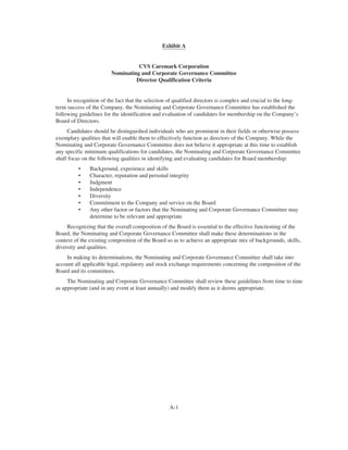 Exhibit A
CVS Caremark Corporation
Nominating and Corporate Governance Committee
Director Qualification Criteria
In recognition of the fact that the selection of qualified directors is complex and crucial to the long-
term success of the Company, the Nominating and Corporate Governance Committee has established the
following guidelines for the identification and evaluation of candidates for membership on the Company’s
Board of Directors.
Candidates should be distinguished individuals who are prominent in their fields or otherwise possess
exemplary qualities that will enable them to effectively function as directors of the Company. While the
Nominating and Corporate Governance Committee does not believe it appropriate at this time to establish
any specific minimum qualifications for candidates, the Nominating and Corporate Governance Committee
shall focus on the following qualities in identifying and evaluating candidates for Board membership:
• Background, experience and skills
• Character, reputation and personal integrity
• Judgment
• Independence
• Diversity
• Commitment to the Company and service on the Board
• Any other factor or factors that the Nominating and Corporate Governance Committee may
determine to be relevant and appropriate
Recognizing that the overall composition of the Board is essential to the effective functioning of the
Board, the Nominating and Corporate Governance Committee shall make these determinations in the
context of the existing composition of the Board so as to achieve an appropriate mix of backgrounds, skills,
diversity and qualities.
In making its determinations, the Nominating and Corporate Governance Committee shall take into
account all applicable legal, regulatory and stock exchange requirements concerning the composition of the
Board and its committees.
The Nominating and Corporate Governance Committee shall review these guidelines from time to time
as appropriate (and in any event at least annually) and modify them as it deems appropriate.
A-1
 