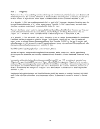 23
Item 2. Properties
We lease most of our stores under long-term leases that vary as to rental amounts, expiration dates, renewal options and
other rental provisions. For additional information on the amount of our rental obligations for our leases, we refer you to
the Note “Leases” on page 55 in our Annual Report to Stockholders for the fiscal year ended December 29, 2007.
As of December 29, 2007, we owned approximately 3.6% of our 6,245 CVS/pharmacy drugstores. Net selling space for
our retail drugstores increased to 56.5 million square feet as of December 29, 2007. Approximately two thirds of our
store base was opened or significantly remodeled within the last five years.
We own 6 distribution centers located in Alabama, California, Rhode Island, South Carolina, Tennessee and Texas and
lease 9 additional facilities located in Arizona, Florida, Indiana, Michigan, New Jersey, Pennsylvania, Texas and
Virginia. The 15 distribution centers total approximately 10.4 million square feet as of December 29, 2007.
As of December 29, 2007, we owned 3 mail service pharmacies located in Alabama, Pennsylvania and Texas and leased
6 additional mail service pharmacies located in Arizona, Florida, Illinois, Pennsylvania and Texas. We leased call
centers located in Arizona, Missouri, Tennessee and Texas. As of December 29, 2007, we also had 20 specialty mail
order pharmacies, of which we owned two, and 56 specialty pharmacy stores, which we leased. The specialty mail order
pharmacies and specialty pharmacy stores are located in 26 states
Our FDA-regulated repackaging facility is located in Gurnee, Illinois.
We own our corporate headquarters building located in Woonsocket, Rhode Island, which contains approximately
605,000 square feet. In addition, we lease large corporate offices in Scottsdale, Arizona; Northbrook, Illinois and Irving,
Texas.
In connection with certain business dispositions completed between 1991 and 1997, we continue to guarantee lease
obligations for approximately 220 former stores. We are indemnified for these guarantee obligations by the respective
purchasers. These guarantees generally remain in effect for the initial lease term and any extension thereof pursuant to a
renewal option provided for in the lease prior to the time of the disposition. For additional information, we refer you to
the Note “Commitments & Contingencies” on page 61 in our Annual Report to Stockholders for the fiscal year ended
December 29, 2007.
Management believes that its owned and leased facilities are suitable and adequate to meet the Company’s anticipated
needs. At the end of the existing lease terms, management believes the leases can be renewed or replaced by alternate
space.
 