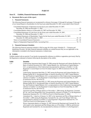 36
PART IV
Item 15. Exhibits, Financial Statement Schedules
A. Documents filed as part of this report:
1. Financial Statements:
The following financial statements are incorporated by reference from pages 18 through 68 and pages 70 through 71
of our Annual Report to Stockholders for the fiscal year ended December 29, 2007, as provided in Item 8 hereof:
Consolidated Statements of Operations for the fiscal years ended December 29, 2007,
December 30, 2006 and December 31, 2005..................................................................................................39
Consolidated Balance Sheets as of December 29, 2007 and December 30, 2006..................................................40
Consolidated Statements of Cash Flows for the fiscal years ended December 29, 2007,
December 30, 2006 and December 31, 2005..................................................................................................41
Consolidated Statements of Shareholders’ Equity for the fiscal years ended December 29, 2007,
December 30, 2006 and December 31, 2005.......................................................................................... 42 - 43
Notes to Consolidated Financial Statements..................................................................................................44 – 68
Report of Independent Registered Public Accounting Firm .......................................................................... 70 - 71
2. Financial Statement Schedules
The following financial statement schedule is filed on page 44 of this report: Schedule II — Valuation and
Qualifying Accounts. All other financial statement schedules are omitted because they are not applicable or the
information is included in the financial statements or related notes.
B. Exhibits
Exhibits marked with an asterisk (*) are hereby incorporated by reference to exhibits or appendices previously filed by
the Registrant as indicated in brackets following the description of the exhibit.
Exhibit Description
1.1* Underwriting Agreement dated August 10, 2006 among the Registrant and Lehman Brothers Inc.,
Banc of America Securities LLC, BNY Capital Markets, Inc. and Wachovia Capital Markets,
LLC, as representatives of the Underwriters [incorporated by reference to Exhibit 1.1 to the
Registrant’s Current Report on Form 8-K dated August 10, 2006 (Commission File No. 001-
01011)].
1.2* Underwriting Agreement dated May 22, 2007 among the Registrant and Lehman Brothers Inc.,
Morgan Stanley & Co. Incorporated, Banc of America Securities LLC, BNY Capital Markets,
Inc. and Wachovia Capital Markets, LLC, as representatives of the Underwriters [incorporated by
reference to Exhibit 1.1 to the Registrant’s Current Report on Form 8-K dated May 22, 2007
(Commission File No. 001-01011)].
1.3* Underwriting Agreement dated May 22, 2007 among the Registrant and Lehman Brothers Inc.,
Morgan Stanley & Co. Incorporated, Banc of America Securities LLC, BNY Capital Markets,
Inc. and Wachovia Capital Markets, LLC, as representatives of the Underwriters [incorporated by
reference to Exhibit 1.2 to the Registrant’s Current Report on Form 8-K dated May 22, 2007
(Commission File No. 001-01011)].
2.1*
2.2*
2.3*
Agreement and Plan of Merger dated as of November 1, 2006 among, the Registrant, Caremark
Rx. Inc. and Twain MergerSub Corp. [incorporated by reference to Exhibit 2.1 to the Registrant’s
Registration Statement No. 333-139470 on Form S-4 filed December 19, 2006].
Amendment No. 1 dated as of January 16, 2007 to the Agreement and Plan of Merger dated as of
November 1, 2006 among the Registrant, Caremark Rx, Inc. and Twain Merger Sub Corp.
[incorporated by reference to Exhibit 2.2 to the Registrant’s Registration Statement No. 333-
139470 on Form S-4/A filed January 16, 2007].
Waiver Agreement dated as of January 16, 2007 between the Registrant and Caremark Rx, Inc.
with respect to the Agreement and Plan Merger dates as of November 1, 2006 by and between
Registrant and Caremark Rx, Inc [incorporated by reference to Exhibit 2.3 to the Registrant’s
 