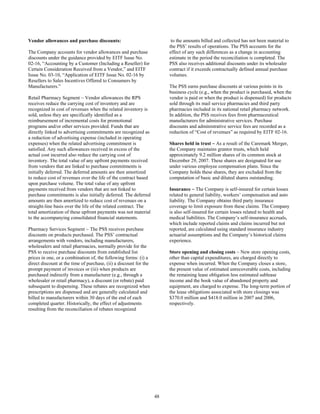 Vendor allowances and purchase discounts:
The Company accounts for vendor allowances and purchase
discounts under the guidance provided by EITF Issue No.
02-16, “Accounting by a Customer (Including a Reseller) for
Certain Consideration Received from a Vendor,” and EITF
Issue No. 03-10, “Application of EITF Issue No. 02-16 by
Resellers to Sales Incentives Offered to Consumers by
Manufacturers.”
Retail Pharmacy Segment ~ Vendor allowances the RPS
receives reduce the carrying cost of inventory and are
recognized in cost of revenues when the related inventory is
sold, unless they are specifically identified as a
reimbursement of incremental costs for promotional
programs and/or other services provided. Funds that are
directly linked to advertising commitments are recognized as
a reduction of advertising expense (included in operating
expenses) when the related advertising commitment is
satisfied. Any such allowances received in excess of the
actual cost incurred also reduce the carrying cost of
inventory. The total value of any upfront payments received
from vendors that are linked to purchase commitments is
initially deferred. The deferred amounts are then amortized
to reduce cost of revenues over the life of the contract based
upon purchase volume. The total value of any upfront
payments received from vendors that are not linked to
purchase commitments is also initially deferred. The deferred
amounts are then amortized to reduce cost of revenues on a
straight-line basis over the life of the related contract. The
total amortization of these upfront payments was not material
to the accompanying consolidated financial statements.
Pharmacy Services Segment ~ The PSS receives purchase
discounts on products purchased. The PSS’ contractual
arrangements with vendors, including manufacturers,
wholesalers and retail pharmacies, normally provide for the
PSS to receive purchase discounts from established list
prices in one, or a combination of, the following forms: (i) a
direct discount at the time of purchase, (ii) a discount for the
prompt payment of invoices or (iii) when products are
purchased indirectly from a manufacturer (e.g., through a
wholesaler or retail pharmacy), a discount (or rebate) paid
subsequent to dispensing. These rebates are recognized when
prescriptions are dispensed and are generally calculated and
billed to manufacturers within 30 days of the end of each
completed quarter. Historically, the effect of adjustments
resulting from the reconciliation of rebates recognized
to the amounts billed and collected has not been material to
the PSS’ results of operations. The PSS accounts for the
effect of any such differences as a change in accounting
estimate in the period the reconciliation is completed. The
PSS also receives additional discounts under its wholesaler
contract if it exceeds contractually defined annual purchase
volumes.
The PSS earns purchase discounts at various points in its
business cycle (e.g., when the product is purchased, when the
vendor is paid or when the product is dispensed) for products
sold through its mail service pharmacies and third party
pharmacies included in its national retail pharmacy network.
In addition, the PSS receives fees from pharmaceutical
manufacturers for administrative services. Purchase
discounts and administrative service fees are recorded as a
reduction of “Cost of revenues” as required by EITF 02-16.
Shares held in trust ~ As a result of the Caremark Merger,
the Company maintains grantor trusts, which held
approximately 9.2 million shares of its common stock at
December 29, 2007. These shares are designated for use
under various employee compensation plans. Since the
Company holds these shares, they are excluded from the
computation of basic and diluted shares outstanding.
Insurance ~ The Company is self-insured for certain losses
related to general liability, workers’ compensation and auto
liability. The Company obtains third party insurance
coverage to limit exposure from these claims. The Company
is also self-insured for certain losses related to health and
medical liabilities. The Company’s self-insurance accruals,
which include reported claims and claims incurred but not
reported, are calculated using standard insurance industry
actuarial assumptions and the Company’s historical claims
experience.
Store opening and closing costs ~ New store opening costs,
other than capital expenditures, are charged directly to
expense when incurred. When the Company closes a store,
the present value of estimated unrecoverable costs, including
the remaining lease obligation less estimated sublease
income and the book value of abandoned property and
equipment, are charged to expense. The long-term portion of
the lease obligations associated with store closings was
$370.0 million and $418.0 million in 2007 and 2006,
respectively.
48
 