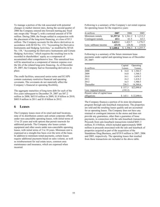 To manage a portion of the risk associated with potential
changes in market interest rates, during the second quarter of
2006 the Company entered into forward starting pay fixed
rate swaps (the “Swaps”), with a notional amount of $750
million. During 2006, the Swaps settled in conjunction with
the placement of the long-term financing, at a loss of $5.3
million. The Company accounts for the above derivatives in
accordance with SFAS No. 133, “Accounting for Derivative
Instruments and Hedging Activities,” as modified by SFAS
No. 138, “Accounting for Derivative Instruments and Certain
Hedging Activities,” which requires the resulting loss to be
recorded in shareholders’ equity as a component of
accumulated other comprehensive loss. This unrealized loss
will be amortized as a component of interest expense over
the life of the related long-term financing. As of December
29, 2007, the Company had no freestanding derivatives in
place.
The credit facilities, unsecured senior notes and ECAPS
contain customary restrictive financial and operating
covenants. The covenants do not materially affect the
Company’s financial or operating flexibility.
The aggregate maturities of long-term debt for each of the
five years subsequent to December 29, 2007 are $47.2
million in 2008, $653.0 million in 2009, $1.8 billion in 2010,
$803.9 million in 2011 and $1.0 billion in 2012.
6 Leases
The Company leases most of its retail and mail locations,
nine of its distribution centers and certain corporate offices
under non-cancelable operating leases, with initial terms of
15 to 25 years and with options that permit renewals for
additional periods. The Company also leases certain
equipment and other assets under non-cancelable operating
leases, with initial terms of 3 to 10 years. Minimum rent is
expensed on a straight-line basis over the term of the lease.
In addition to minimum rental payments, certain leases
require additional payments based on sales volume, as well
as reimbursement for real estate taxes, common area
maintenance and insurance, which are expensed when
incurred.
Following is a summary of the Company’s net rental expense
for operating leases for the respective years:
In millions 2007 2006 2005
Minimum rentals $1,557.0 $ 1,361.2 $ 1,213.2
Contingent rentals 65.1 61.5 63.3
1,622.1 1,422.7 1,276.5
Less: sublease income (21.5) (26.4) (18.8)
$ 1,600.6 $ 1,396.3 $ 1,257.7
Following is a summary of the future minimum lease
payments under capital and operating leases as of December
29, 2007:
In millions
Capital
Leases
Operating
Leases
2008 $ 16.0 $ 1,584.5
2009 16.0 1,548.3
2010 16.1 1,654.5
2011 16.2 1,418.2
2012 16.5 1,500.5
Thereafter 256.5 14,384.6
$ 337.3 $22,090.6
Less: imputed interest (192.2)
Present value of capital lease
obligations $ 145.1 $ 22,090.6
The Company finances a portion of its store development
program through sale-leaseback transactions. The properties
are sold and the resulting leases qualify and are accounted
for as operating leases. The Company does not have any
retained or contingent interests in the stores and does not
provide any guarantees, other than a guarantee of lease
payments, in connection with the sale-leaseback transactions.
Proceeds from sale-leaseback transactions totaled $601.3
million, $1.4 billion, which included approximately $800
million in proceeds associated with the sale and leaseback of
properties acquired as part of the acquisition of the
Standalone Drug Business, and $539.9 million in 2007, 2006
and 2005, respectively. The operating leases that resulted
from these transactions are included in the above table.
55
 