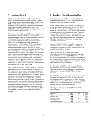 7 Medicare Part D
The Company offers Medicare Part D benefits through its
wholly owned subsidiary SilverScript Insurance Company
(“SilverScript”) which has been approved by the CMS as a
PDP. SilverScript has contracted with CMS to be the
Company’s PDP and, pursuant to the Medicare Prescription
Drug, Improvement and Modernization Act of 2003
(“MMA”), must be a risk-bearing entity regulated under state
insurance laws or similar statutes.
SilverScript is licensed through the Tennessee Department of
Commerce and Insurance (the “TDCI”)as a domestic
insurance company under the applicable laws and regulations
of the State of Tennessee. Pursuant to these laws and
regulations, SilverScript must file quarterly and annual
reports with the National Association of Insurance
Commissioners (“NAIC”) and the TDCI, must maintain
certain minimum amounts of capital and surplus under a
formula established by the NAIC and must, in certain
circumstances, request and receive the approval of the TDCI
before making dividend payments or other capital
distributions to the Company. The Company does not believe
these limitations on dividends and distributions materially
impact its financial position. SilverScript is licensed as or has
filed expansion applications for licensure as an insurance
company in other jurisdictions where it does or may seek to
do business. Certain of the expansion insurance licensure
applications for states in which SilverScipt currently operates
were pending as of the date of this filing.
The Company has recorded estimates of various assets and
liabilities arising from its participation in the Medicare Part
D program based on information in its claims management
and enrollment systems. Significant estimates arising from
its participation in this program include: (i) estimates of low-
income cost subsidy and reinsurance amounts ultimately
payable to or receivable from CMS based on a detailed
claims reconciliation that will occur in 2008; (ii) estimates of
amounts payable to or receivable from other PDPs for claims
costs incurred as a result of retroactive enrollment changes,
which were communicated by CMS after such claims had
been incurred; and (iii) an estimate of amounts receivable
from or payable to CMS under a risk-sharing feature of the
Medicare Part D program design, referred to as the risk
corridor.
8 Employee Stock Ownership Plan
The Company sponsors a defined contribution Employee
Stock Ownership Plan (the “ESOP”) that covers full-time
employees with at least one year of service.
In 1989, the ESOP Trust issued and sold $357.5 million of
20-year, 8.52% notes due December 31, 2008 (the “ESOP
Notes”). The proceeds from the ESOP Notes were used to
purchase 6.7 million shares of Series One ESOP Convertible
Preference Stock (the “ESOP Preference Stock”) from the
Company. Since the ESOP Notes are guaranteed by the
Company, the outstanding balance is reflected as long-term
debt, and a corresponding guaranteed ESOP obligation is
reflected in shareholders’ equity in the accompanying
consolidated balance sheets.
Each share of ESOP Preference Stock has a guaranteed
minimum liquidation value of $53.45, is convertible into
4.628 shares of common stock and is entitled to receive an
annual dividend of $3.90 per share.
The ESOP Trust uses the dividends received and
contributions from the Company to repay the ESOP Notes.
As the ESOP Notes are repaid, ESOP Preference Stock is
allocated to participants based on (i) the ratio of each year’s
debt service payment to total current and future debt service
payments multiplied by (ii) the number of unallocated shares
of ESOP Preference Stock in the plan.
As of December 29, 2007, 3.8 million shares of ESOP
Preference Stock were outstanding, of which 3.4 million
shares were allocated to participants and the remaining 0.4
million shares were held in the ESOP Trust for future
allocations.
Annual ESOP expense recognized is equal to (i) the interest
incurred on the ESOP Notes plus (ii) the higher of (a) the
principal repayments or (b) the cost of the shares allocated,
less (iii) the dividends paid. Similarly, the guaranteed ESOP
obligation is reduced by the higher of (i) the principal
payments or (ii) the cost of shares allocated.
Following is a summary of the ESOP activity for the
respective years:
In millions 2007 2006 2005
ESOP expense recognized $ 29.8 $ 26.0 $ 22.7
Dividends paid 14.8 15.6 16.2
Cash contributions 29.8 26.0 22.7
Interest payments 7.0 9.7 12.0
ESOP shares allocated 0.4 0.4 0.3
56
 
