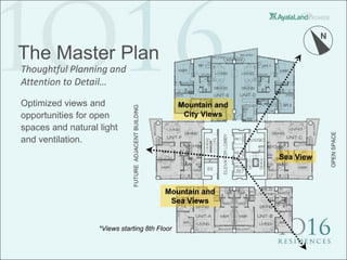 N

The Master Plan
Thoughtful Planning and
Attention to Detail…
Optimized views and                            Mountain and
opportunities for open                          City Views
spaces and natural light
and ventilation.
                                                              Sea View



                                         Mountain and
                                          Sea Views


                   *Views starting 8th Floor
 