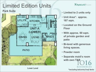 Limited Edition Units
Park Suite
                           • Limited to 2 units only
                           • Unit Area*: approx.
                             187 sqm.
                           • Located on the Ground
                             Floor
                           • With approx. 60 sqm.
                             of private garden and
                             patio
                           • Bi-level with generous
                             living spaces.
                           • Powder room
                           • Separate maid’s room
                             with own T&B


             Lower Level
                                *excluding balconies/roof decks
 