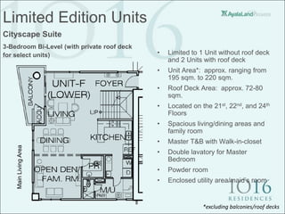 Limited Edition Units
Cityscape Suite
3-Bedroom Bi-Level (with private roof deck
for select units)                            •   Limited to 1 Unit without roof deck
                                                 and 2 Units with roof deck
                                             •   Unit Area*: approx. ranging from
                                                 195 sqm. to 220 sqm.
                                             •   Roof Deck Area: approx. 72-80
                                                 sqm.
                                             •   Located on the 21st, 22nd, and 24th
                                                 Floors
                                             •   Spacious living/dining areas and
                                                 family room
                                             •   Master T&B with Walk-in-closet
    Main Living Area




                                             •   Double lavatory for Master
                                                 Bedroom
                                             •   Powder room
                                             •   Enclosed utility area/maid’s room


                                                             *excluding balconies/roof decks
 